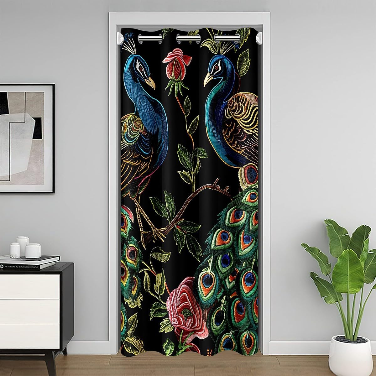 Erosebridal Peacock Blackout Curtain 59" W X 80" L, Vintage Flower Doorway Curtain, Peacock Feather Decor Door Curtain, Embroidery Chinese Style Decorative Room Divider Curtain Cover