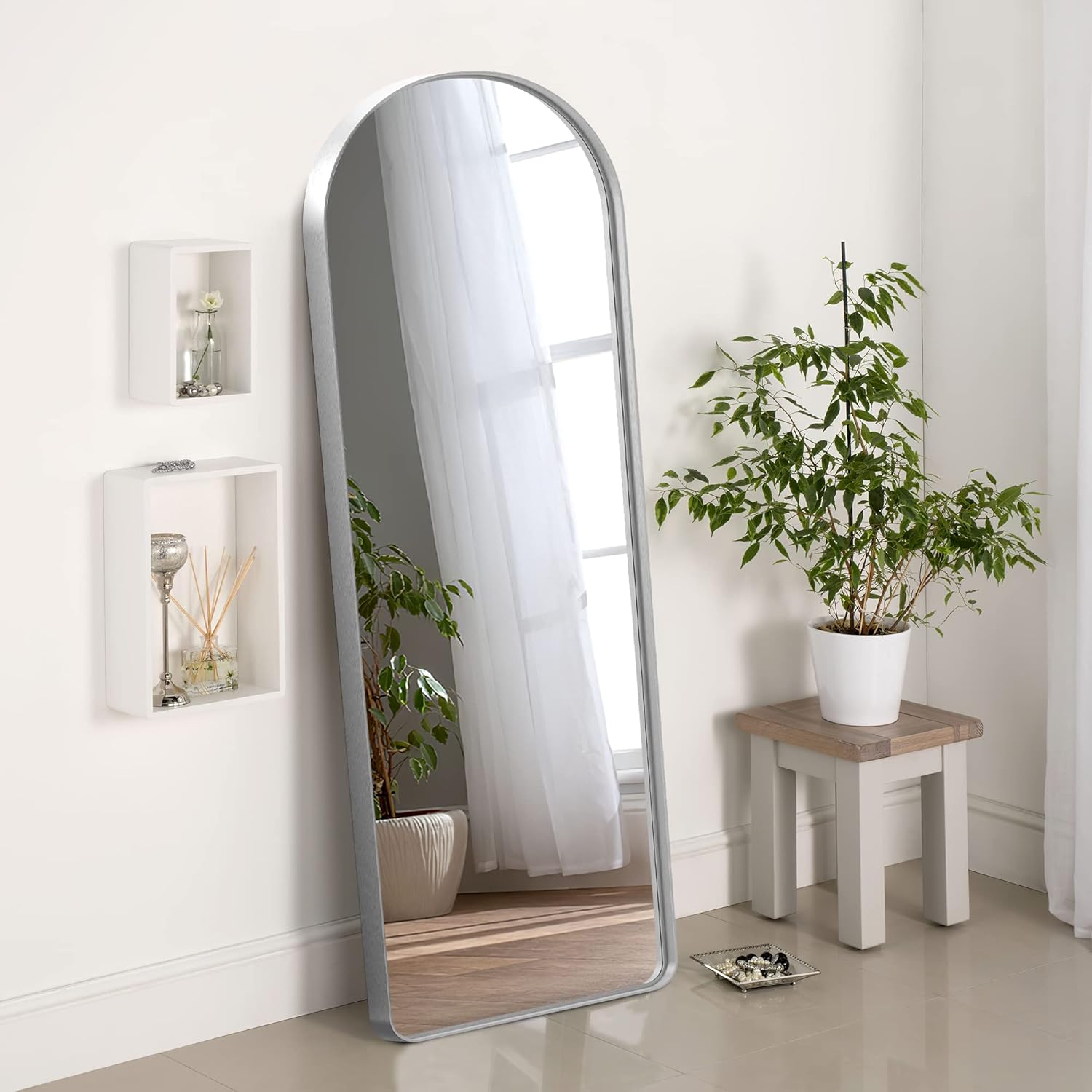 NicBex Arched 71x28 Inch Full Length Mirror, Alloy Frame Wall Mirror for Bedroom, Hallway, Dressing Room and Home Deco, Modern and Farmhouse Room Makeover Mirror, Round Corners, Silver(No Stand) Silver-arch 71 x 28