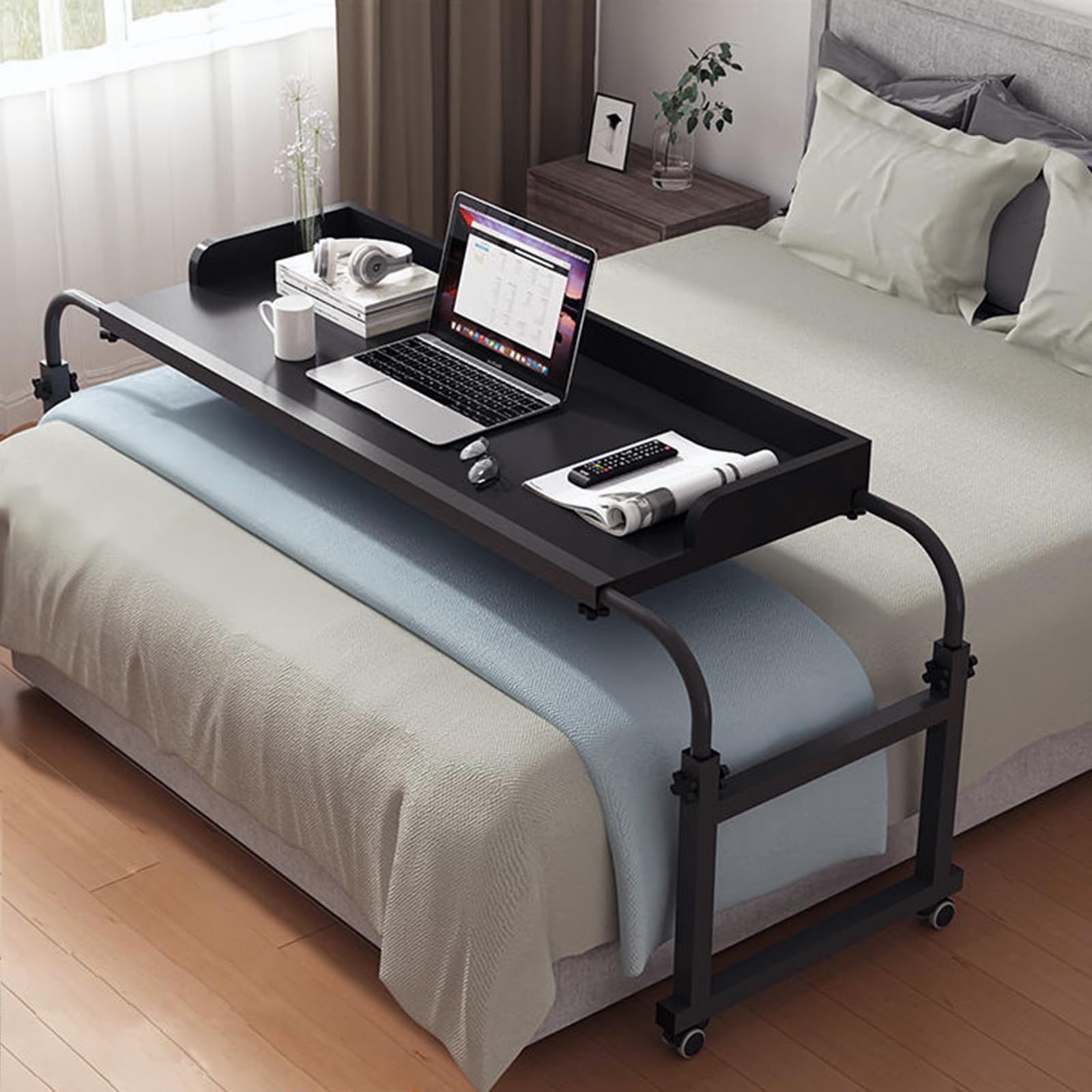 GXQFC Overbed Table Computer Laptop Table, Mobile Bedside Table with 4 Wheels Adjustable 115-210cm Standing Workstation Food Tray Desk Laptop Cart Bed Tables for Home Bedroom(Color:Black)