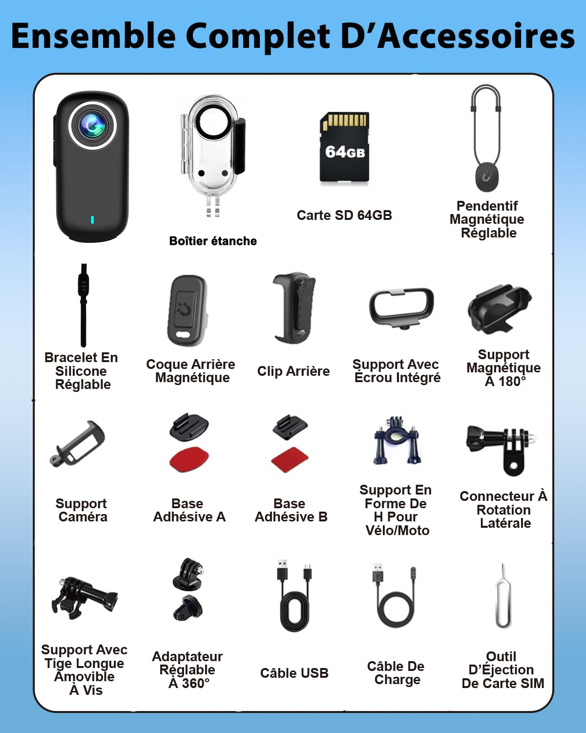 Camera Sport, 4K UHD Mini Camera Vlog WiFi avec Carte 64 Go, POV Caméra Portable étanche IP65, Action Cam – Autonomie Jusqu’à 240 Minutes (1200 mAh)