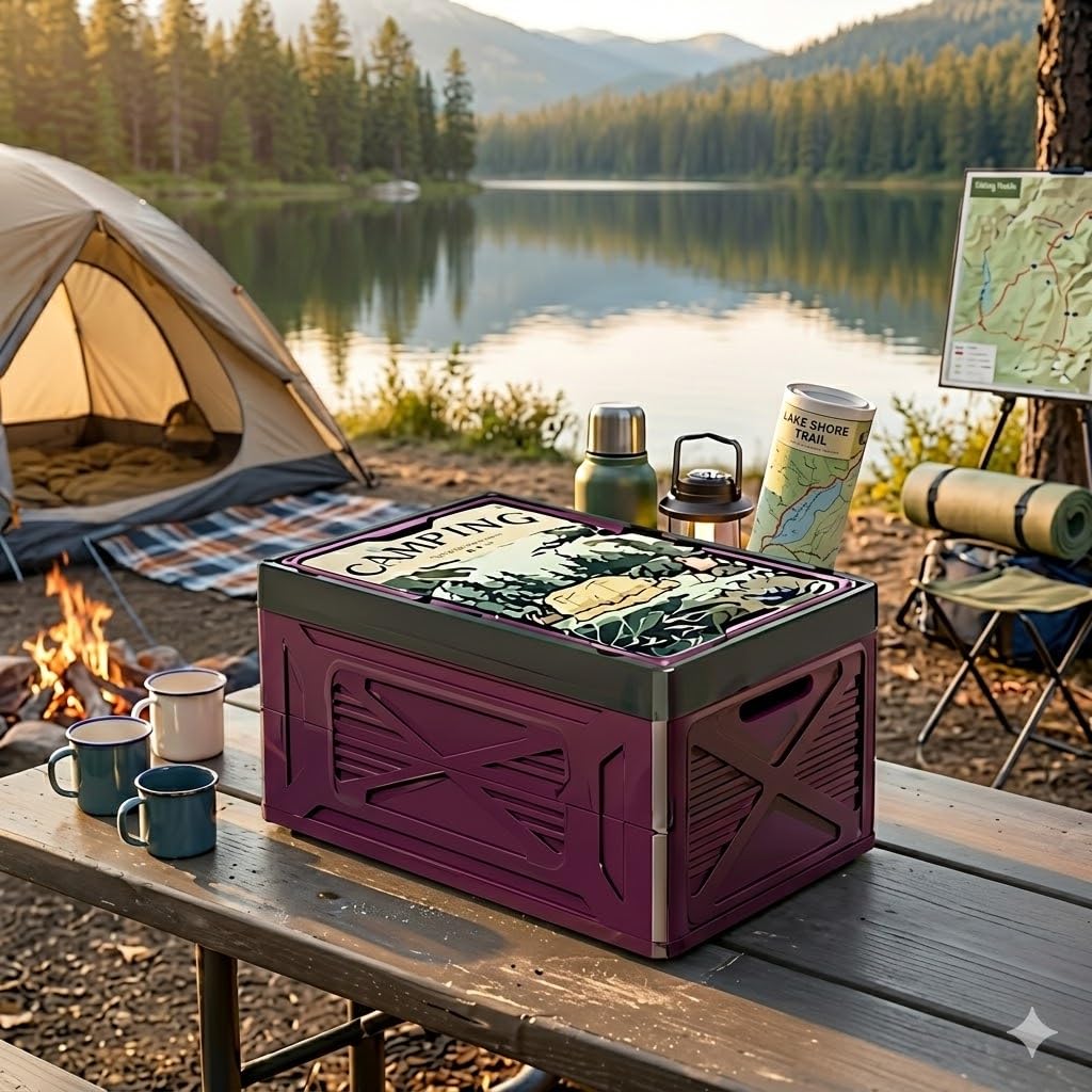 Camping Aufbewahrungsbox mit Holzoptik Deckel, Faltbare Klappbox | Modernes Design für Camping Küche, Auto, Picknick, Wohnmobil und Outdoor Abenteuer