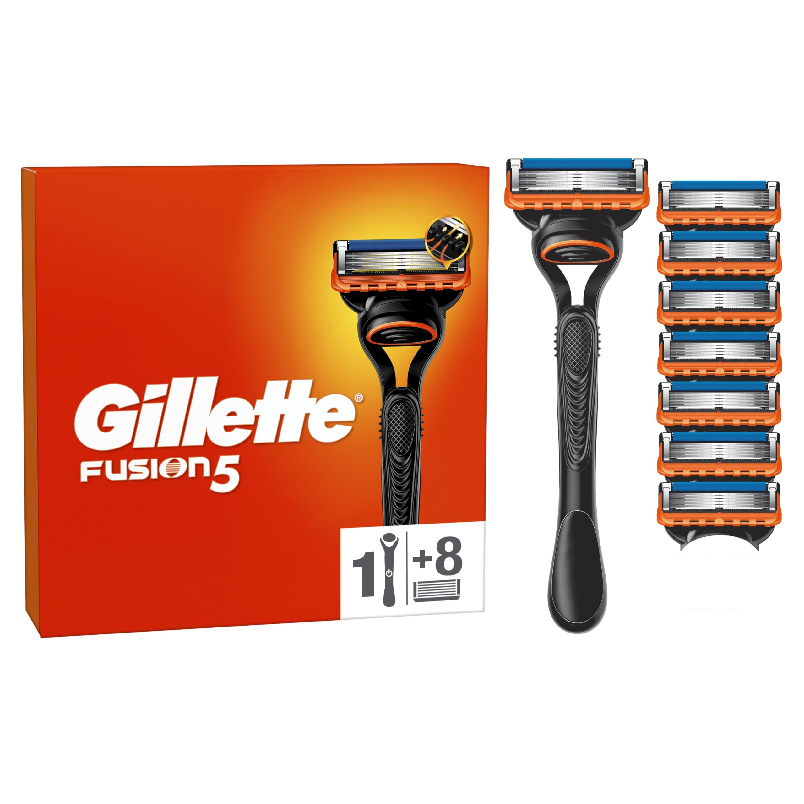 Gillette Fusion5 Men's Razor with Reusable Handle, 8 Cartridges with 5 Blades, Lubricating Strip for Comfortable Facial Shaving and Smooth Razor Slide, 1 Refill by 20 Shaves