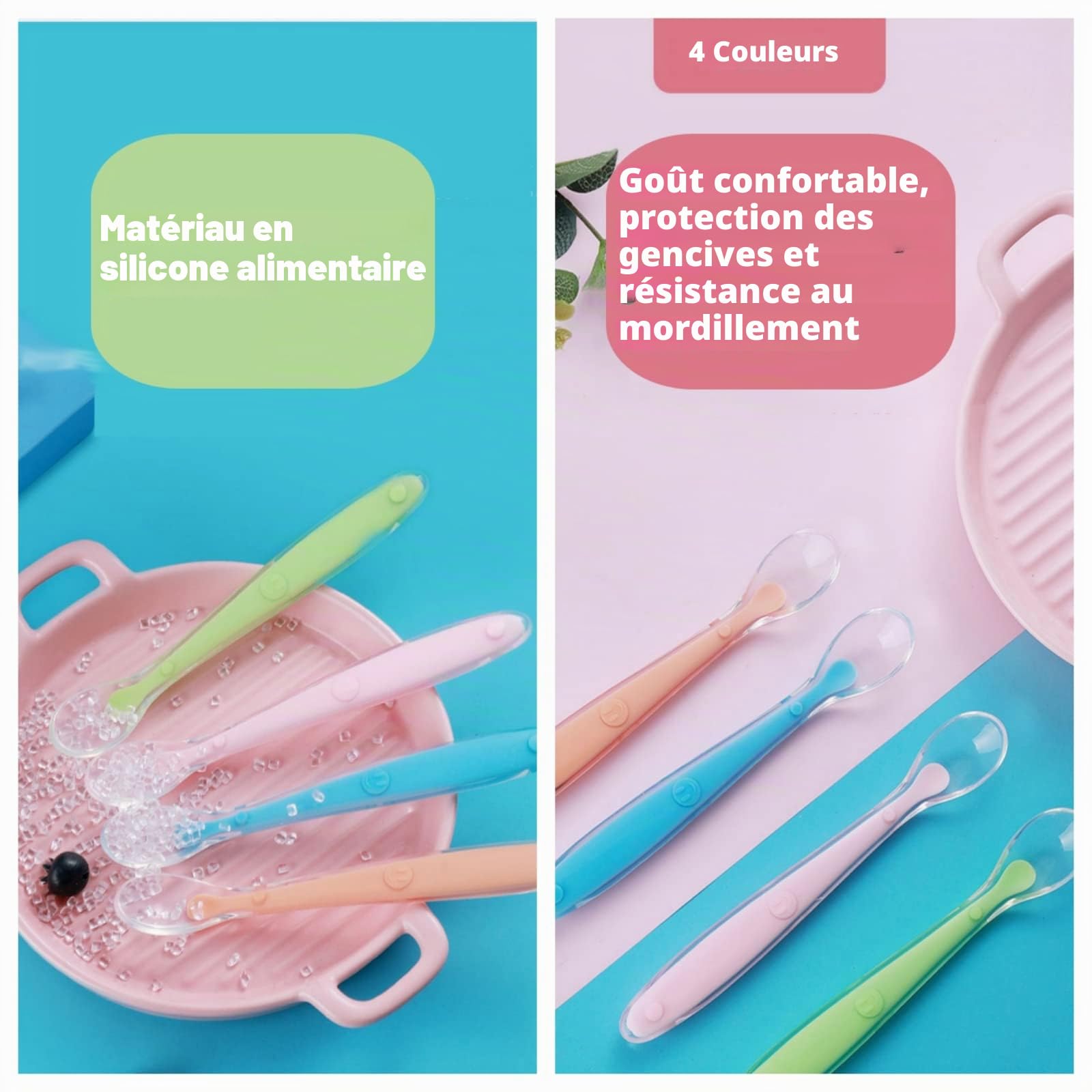 Cuillère Bébé Silicone Sans BPA 4 Pièces avec Boîte de Rangement