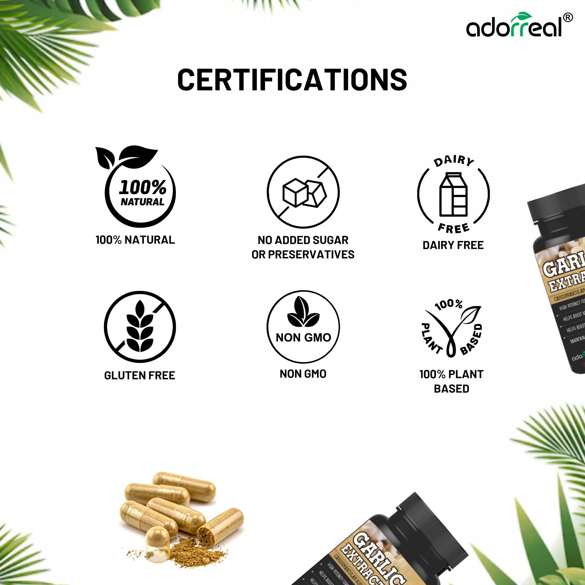 Adorreal Garlic Capsules 600mg – Odorless Garlic Extract for Heart Health, Cholesterol & Immunity Support – Natural Antioxidant Supplement – 60 Veg Capsules 3
