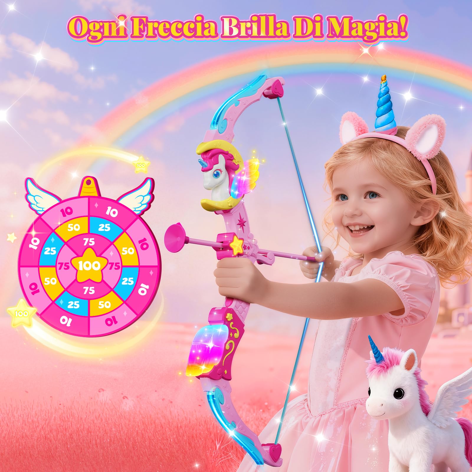 Giocattolo Unicorno per Bambina 3-12 Anni, ArcoFrecce con 6 Luci Magiche, Carquino da Sogno, Bersaglio Principessa, 8 Frecce Rosa a Ventosa, Giochi Natale Compleanno Regalo Bimba 3 4 5 6 7 8 9 10 Anni