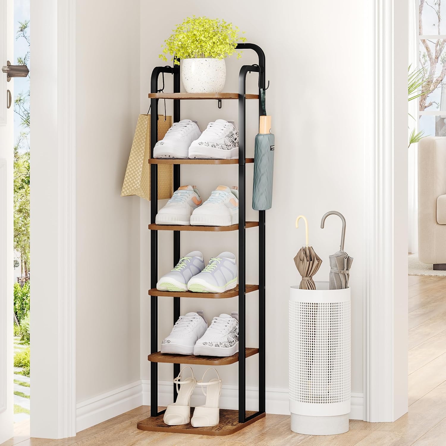 6 Tiers Vertical Shoe Rack, Narrow Shoe Tower, Tall Shoes Shelf with 2 Hooks, Adjustable Shelves, Corner Shoes Shelves for Small Spaces, Entryway, Living Room, Rustic Brown SR04201B