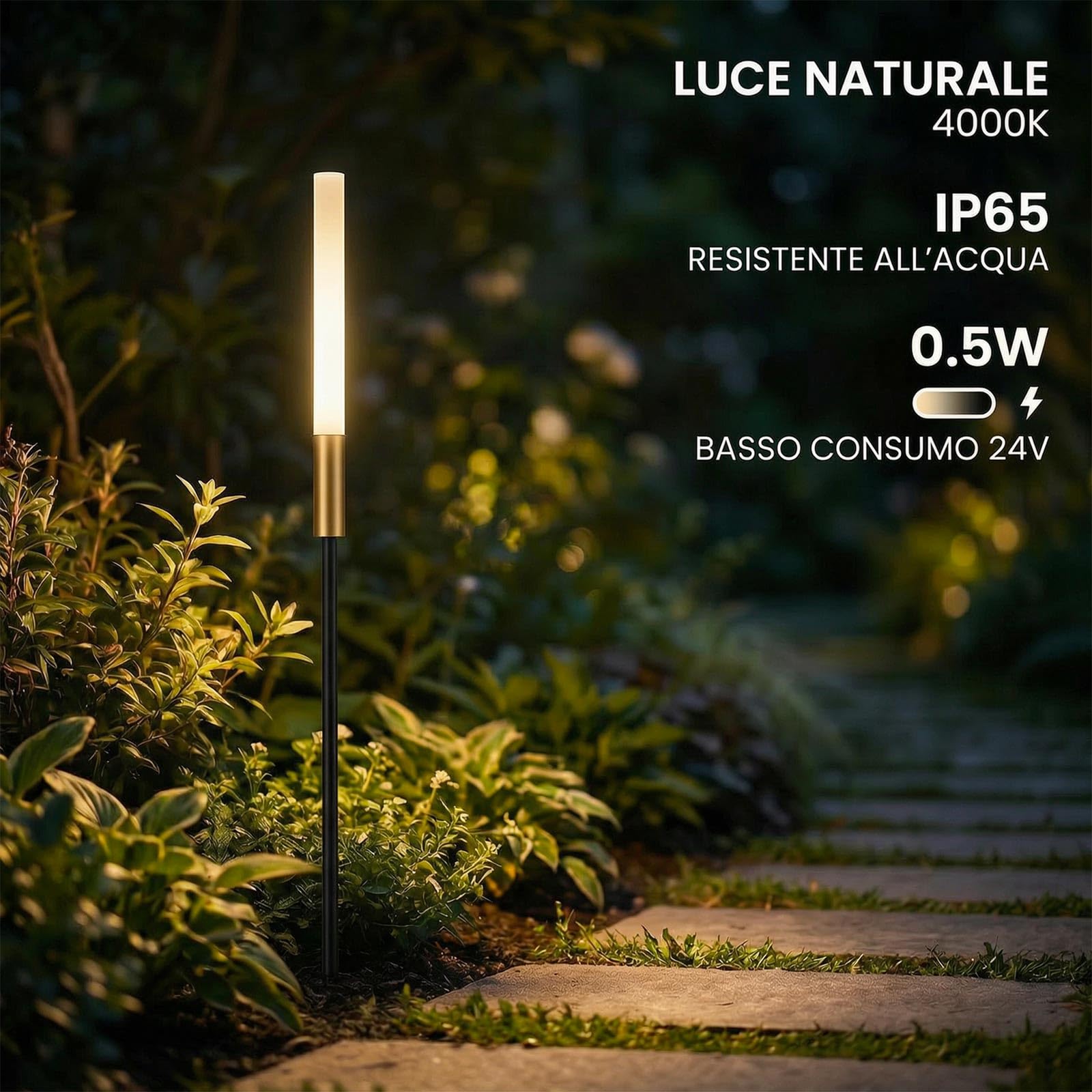 Planetitaly Lampione con Picchetto LED 0.5W Basso Consumo 24V Lampioncino Stelo di Luce Naturale 4000K Palo Luminoso Giardino Terreno Cespugli Vialetti (60cm)