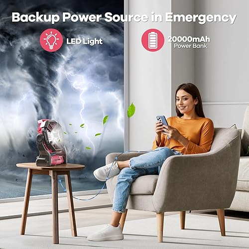 Miniatura 6 de Ventilador de camping portátil con batería de 20000 mAh, con luz LED, funciona con batería silenciosa, equipo de campamento para viajes, tienda de