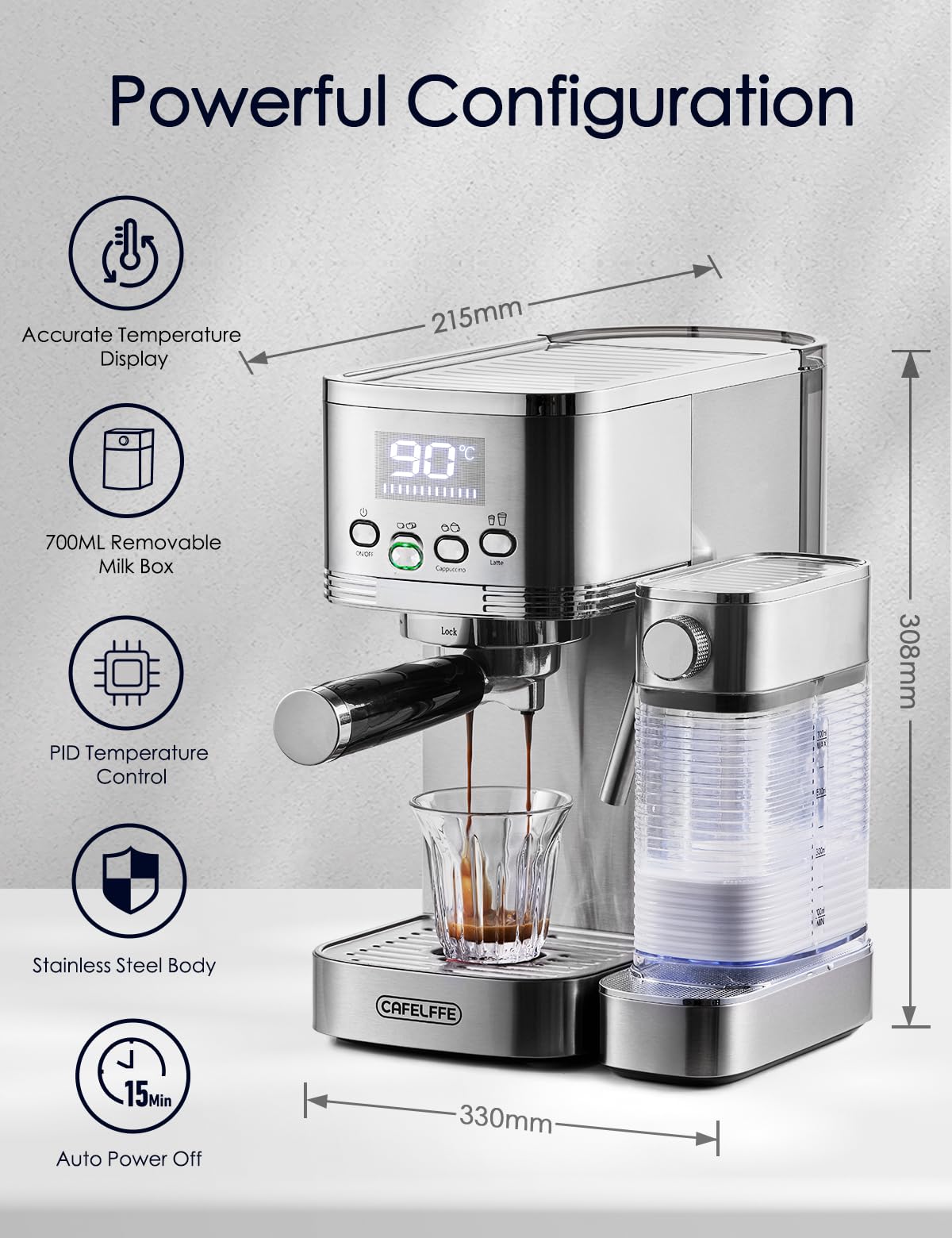 CAFELFFE 6-in-1-Espressomaschine, Siebträgermaschine mit Milchtank, Automatische Cappuccinomaschine mit Selbstreinigung und 3 Temperaturoptionen, 1,3 l Edelstahl