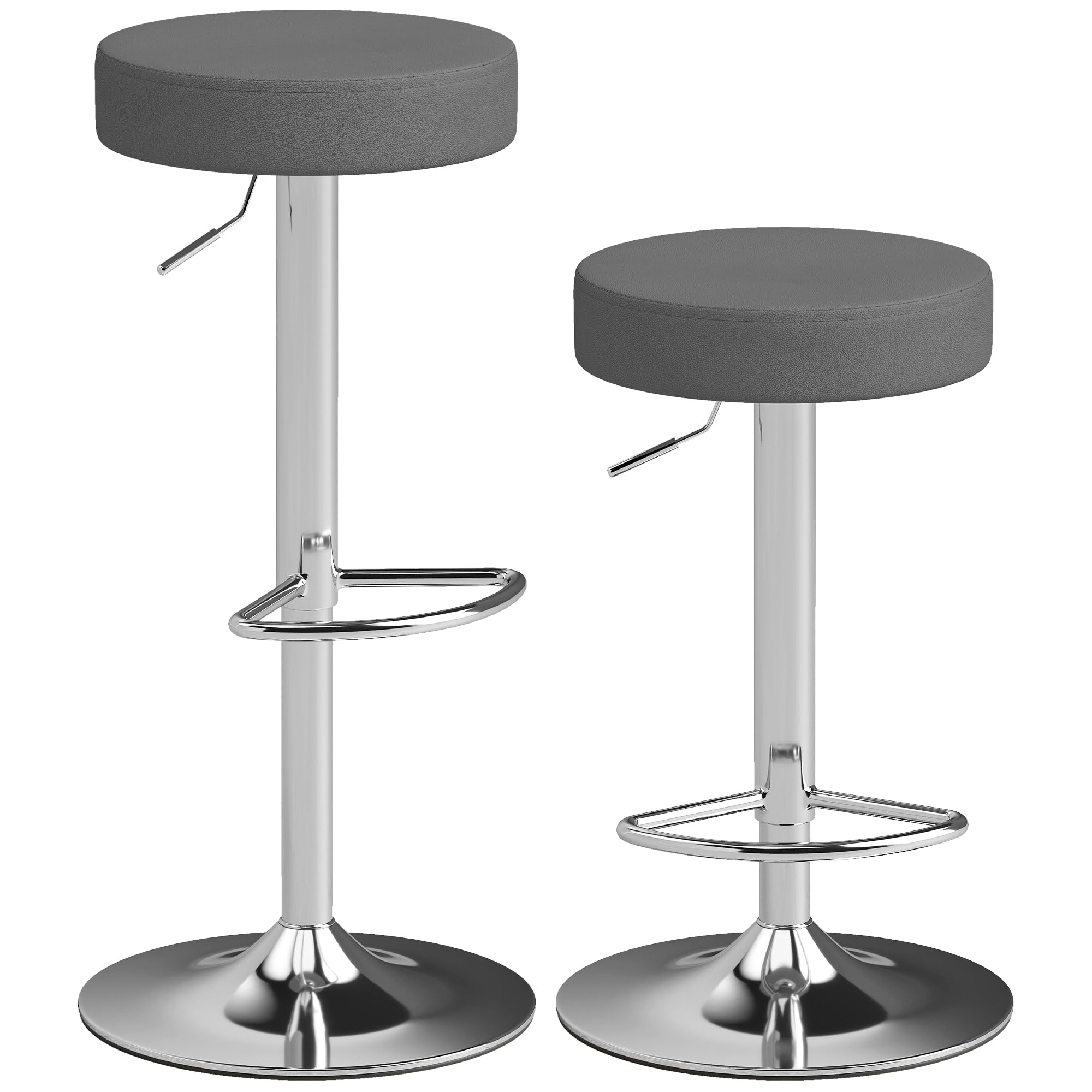 HOMCOM Bar Stools Set of 2, Modern PU Leather Height Adjustable Swivel Breakfast Bar Chairs with Footrest for Dining Room and Kitchen Island, Grey