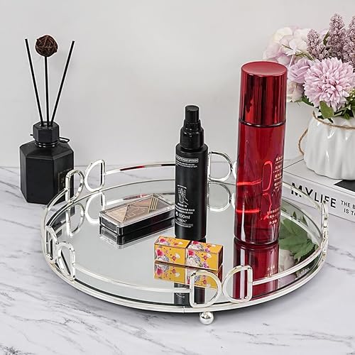 Miniatura 5 de HAIGOUER Bandeja de perfume extra grande decorada en oro, bandeja redonda dorada para tocador, tamaÃ±o 15.75 x 15.75 x 2.52 pulgadas