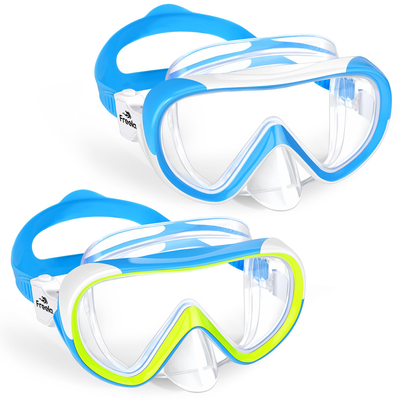 Freela Kinder-Schwimmbrille für Kinder von 3–15 Jahren mit Nasenabdeckung, gehärtetes Glas, Anti-Beschlag-Beschichtung, kein Auslaufen, Tauchmaske, 180° klare Sicht