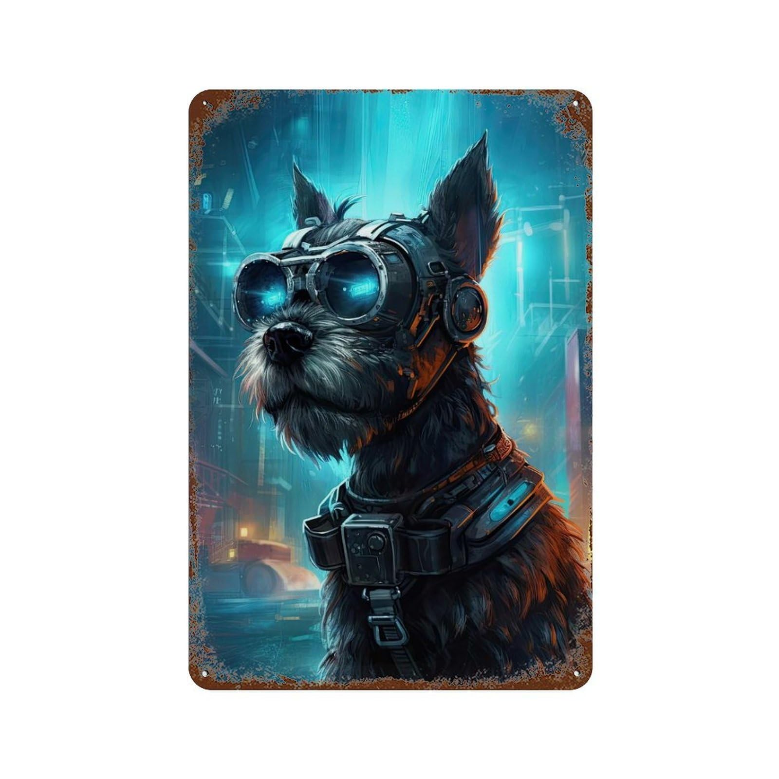 Weathered Tin Sign Schnauzer Cyberpunk 11.8"x7.9", Rustic Home Decor for Basement, Hobby Room And Garage Decor