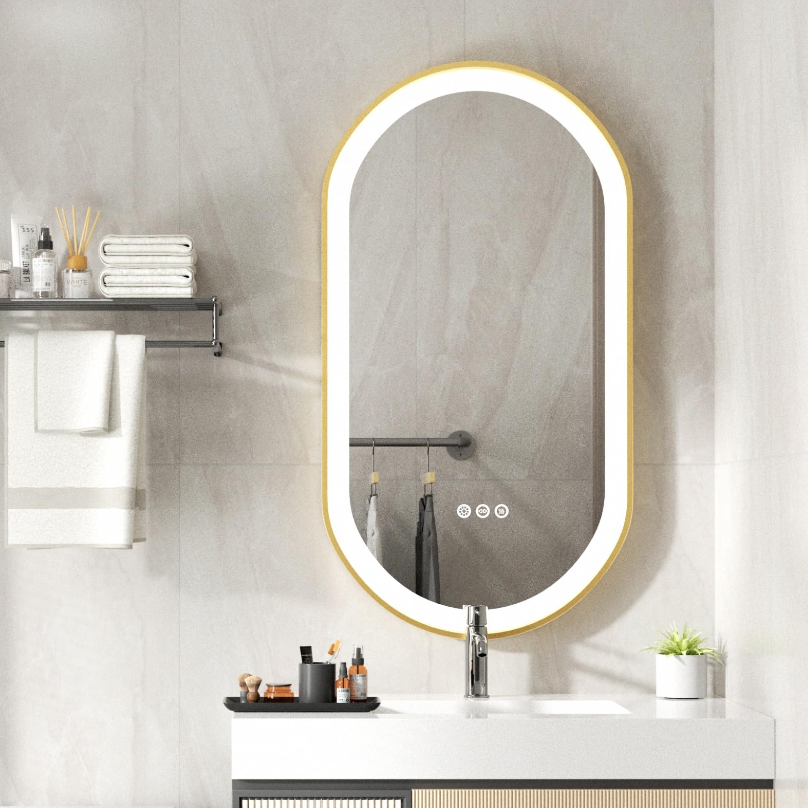 LUVODI Specchio Bagno LED Luce: Cornice Dorata Ovale 100x50cm Specchio Smart Led Bagno Oro da Parete 3 Touch Grande Illuminato Frontale Antiappannamento Dimmerabile Verticale Orizzontale