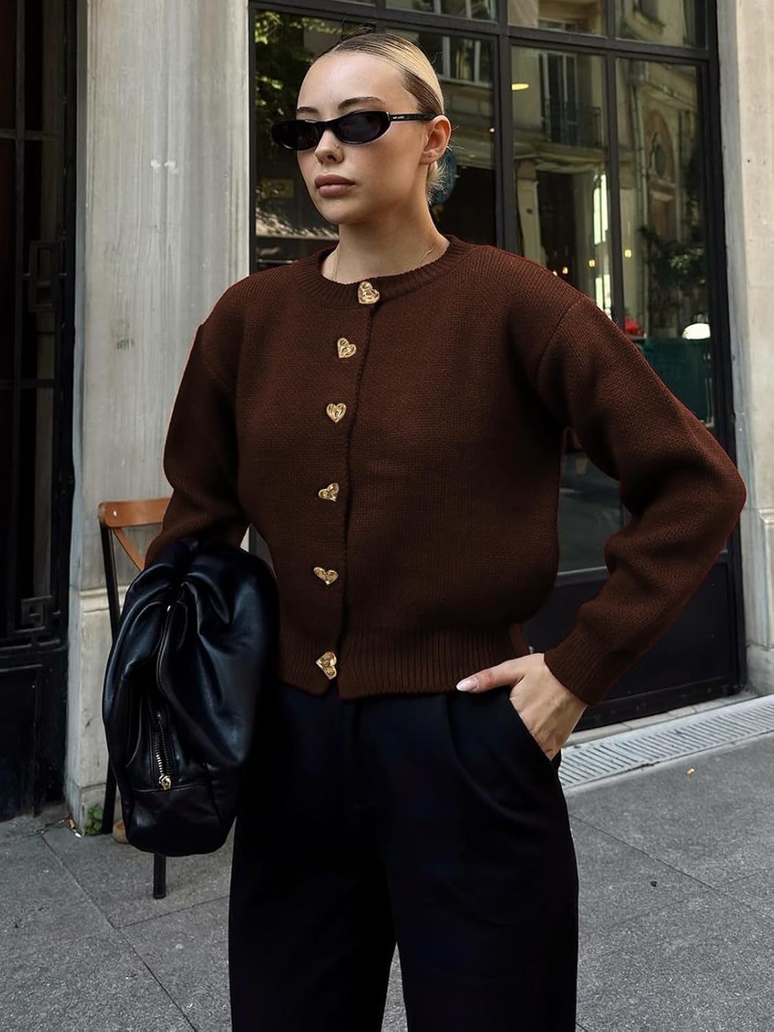 Women’s Knit Cardigan Sweater with Heart Buttons, Casual Button Down Knitwear Long Sleeve Cropped Cardigan for Fall Winter - Image 3