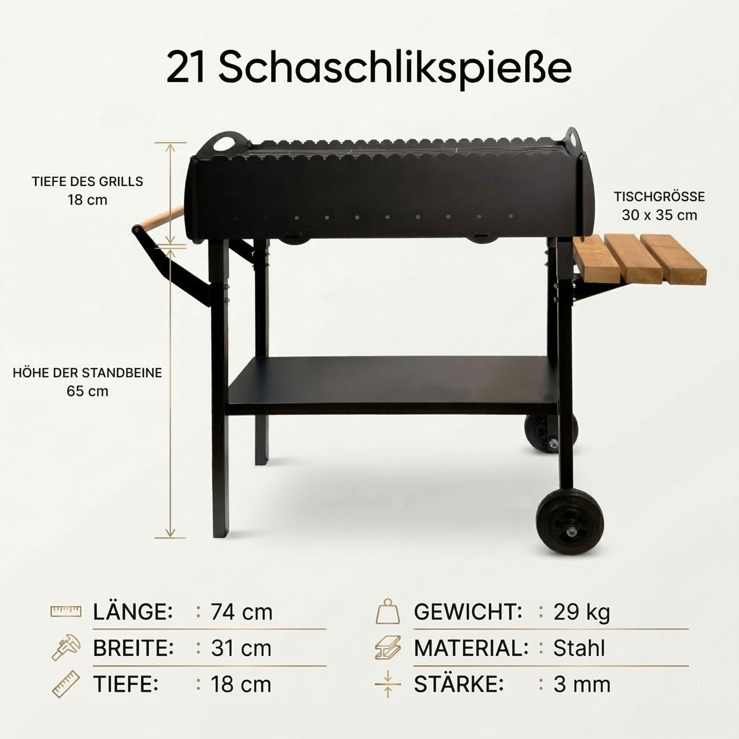 Gartengrill | Schaschlikgrill für 21 Spieße mit Rädern – Massiver Holzkohlegrill aus 3 mm Stahl, zerlegbar & mobil, stationärer Mangal Grill mit Ablage für Garten, Terrasse & Outdoor BBQ
