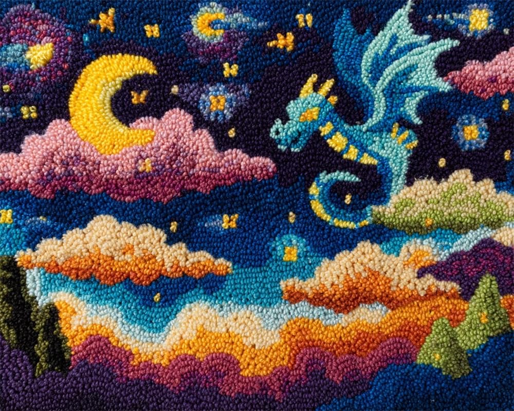 Kitquiver Rug Kits for Adults Latch Hook Printed Dragon Under The Starry Sky DIY Crafts Crochet Yarn Handmade Embroidery with Printed Canvas Needlework for Home Decor 15X20In