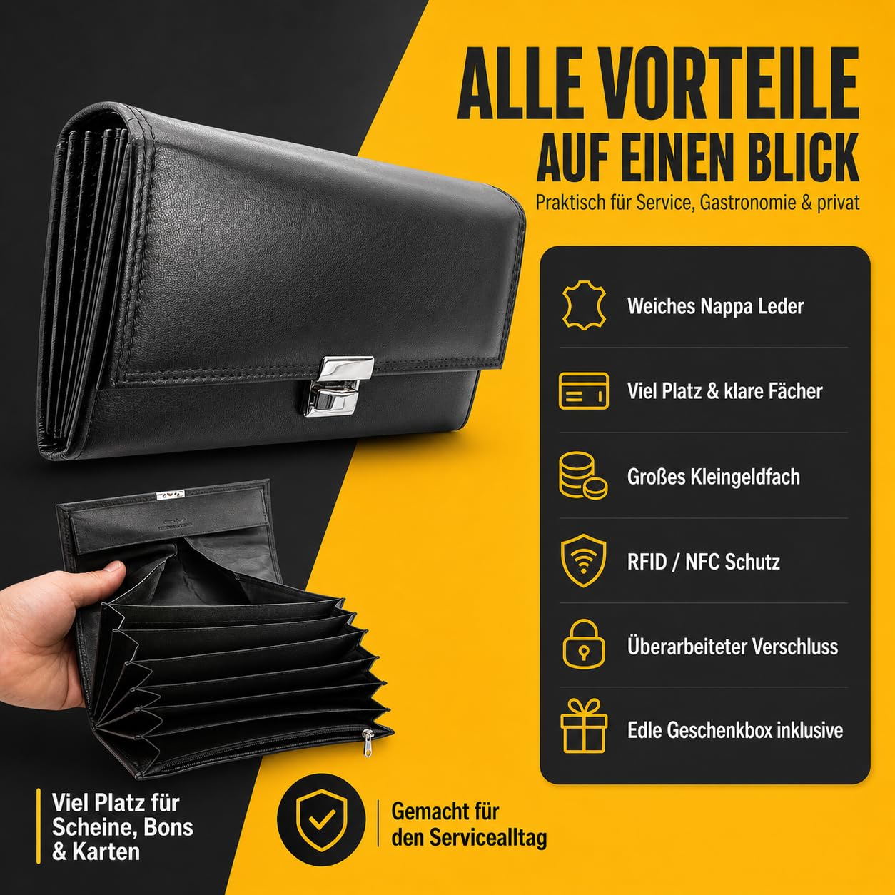 VATERLIEBE Kellner Geldbörse Leder – großes Kellnerportemonnaie mit viel Platz, großen Fächern & großem Kleingeldfach – weiche Nappa Leder Kellnerbörse mit stabilem Verschluss
