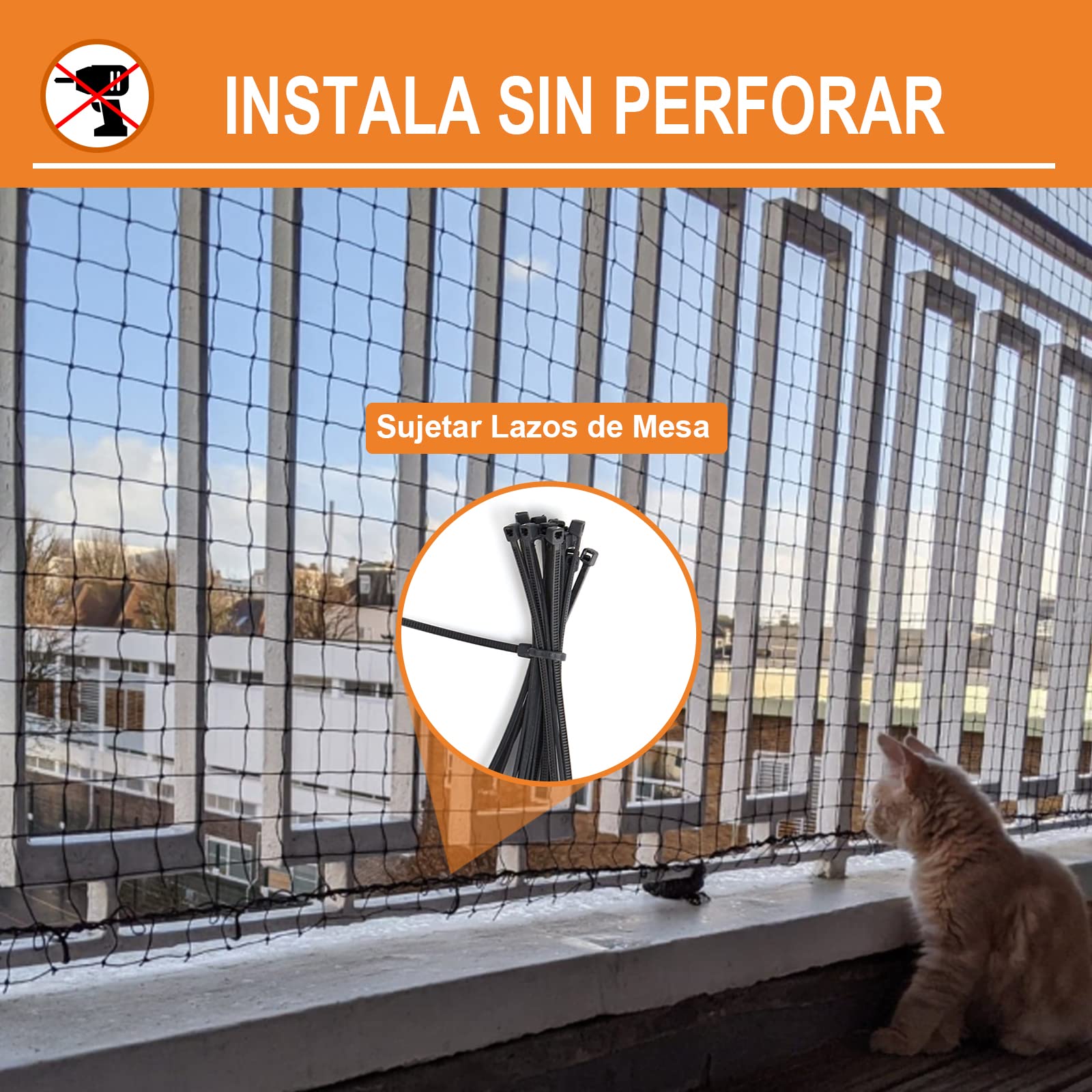 Red para Gatos Reforzada con Alambre, 8x3m Red Protección para Gatos Terraza de sin Taladro para Balcones, Ventanas, Tragaluces y Puertas