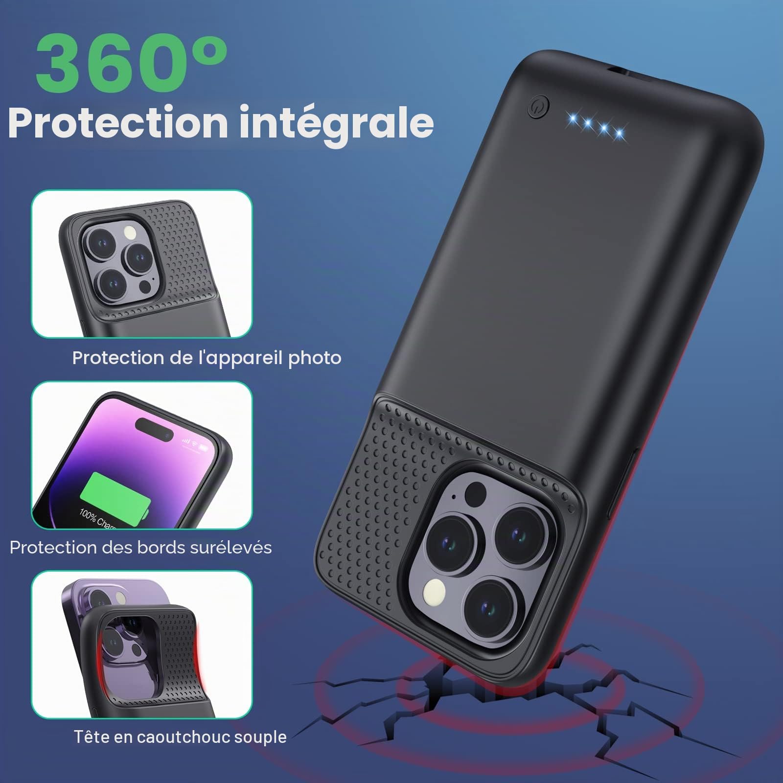 Coque de Protection pour iPhone 14 Pro [7200 mAh] Batterie Rechargeable avec Film de Protection d'écran - Chargeur de Batterie Portable Puissant pour iPhone 14 Pro [6,1 Pouces] - Noir