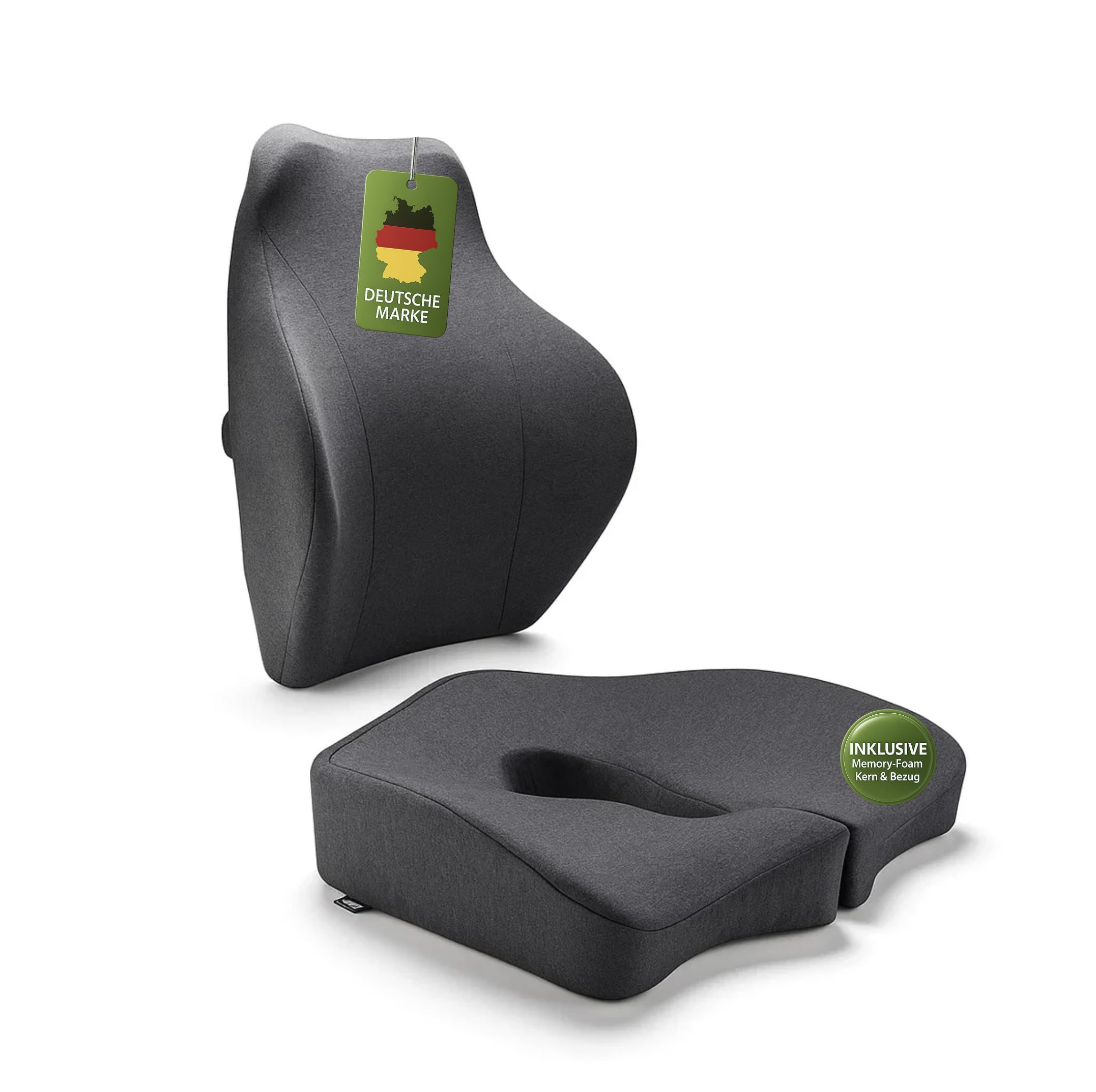 Juego de cojines ergonómicos con respaldo para una espalda sana y sin dolor al sentarse.