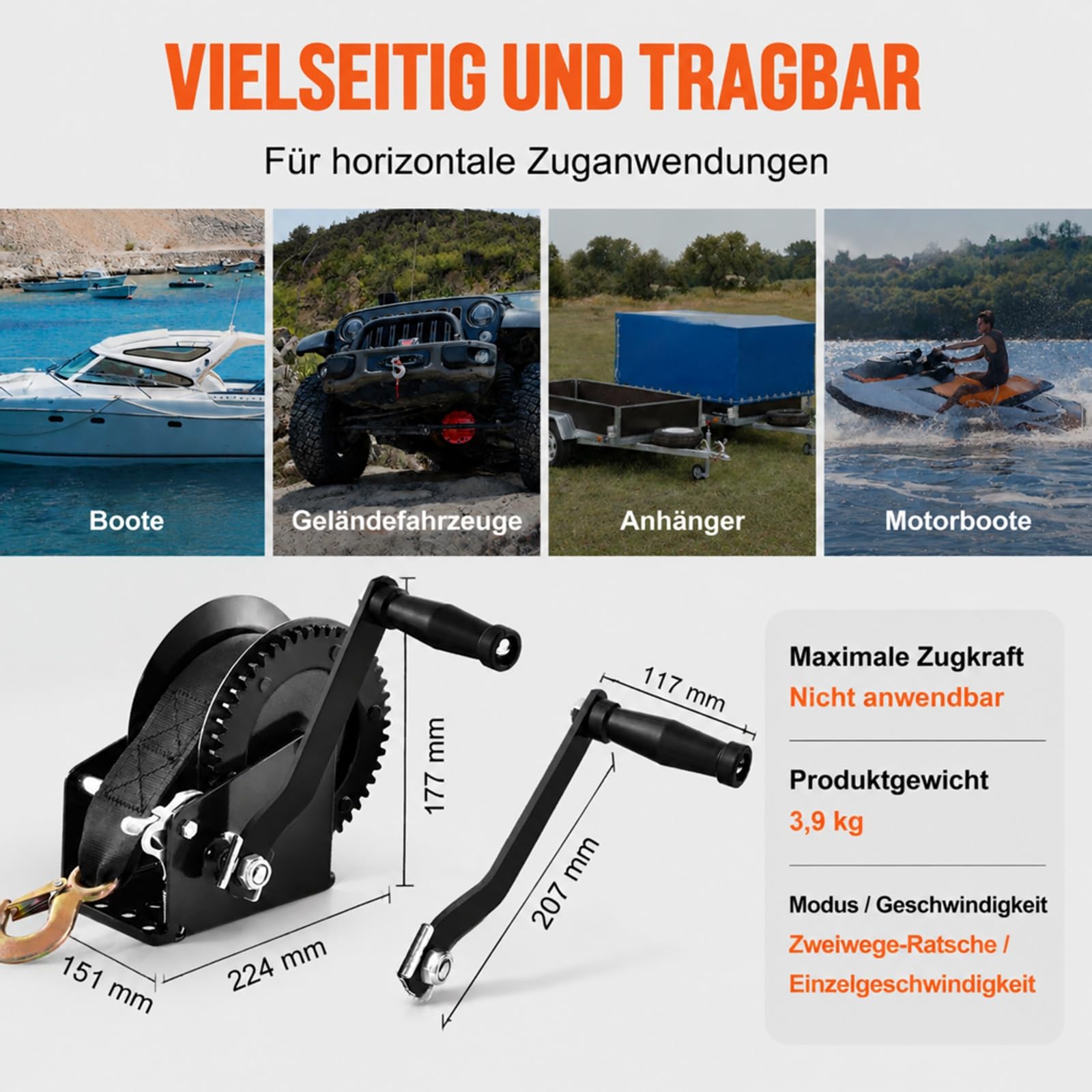 Manuelle Seilwinde 725,7 kg mit Kurbel, Polyesterband und bidirektionaler Ratsche für Fahrzeuge und Boote