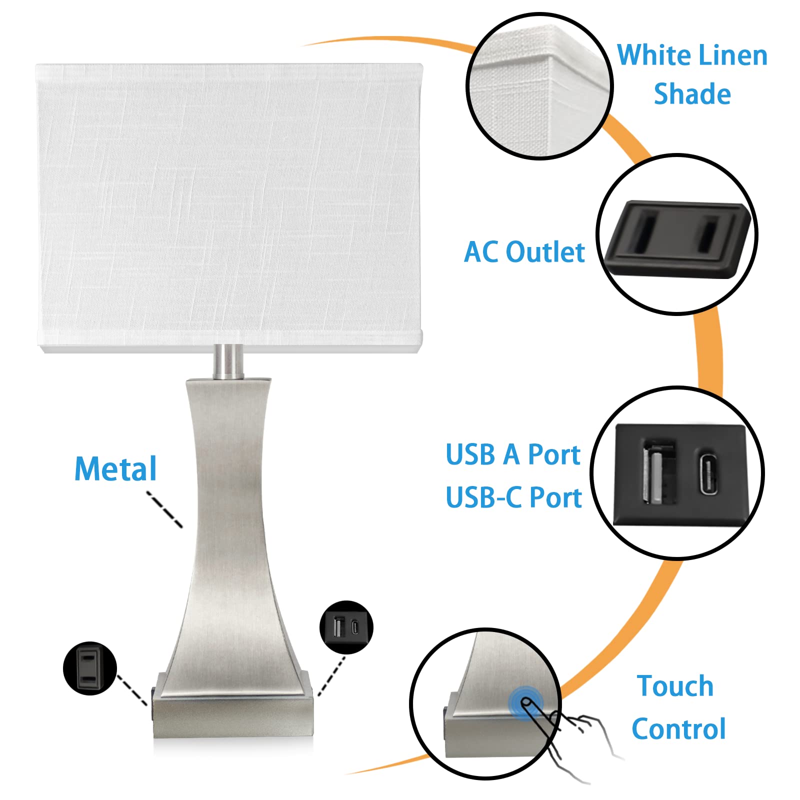 Table Lamp for Bedroom 3-Way Dimmable Touch Control Bedside Lamp with USB A+C Port and 1 AC Outlet Desk Lamp OYedis 21.6inch Tall Nightstand Lamp for Living Room Bedroom Office and Hotel Bulb Included