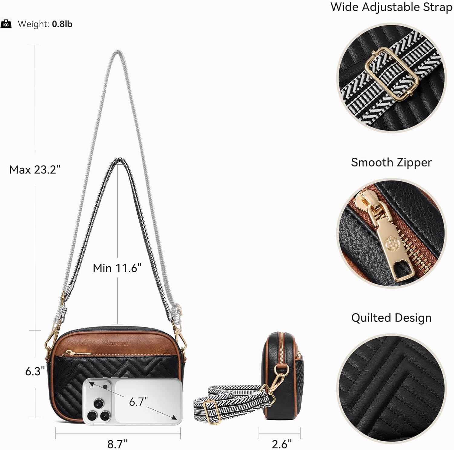 BOSTANTEN Quilted Crossbody Bags for Women Vegan Leather Purses Small Shoulder Handbags with Wide Strap