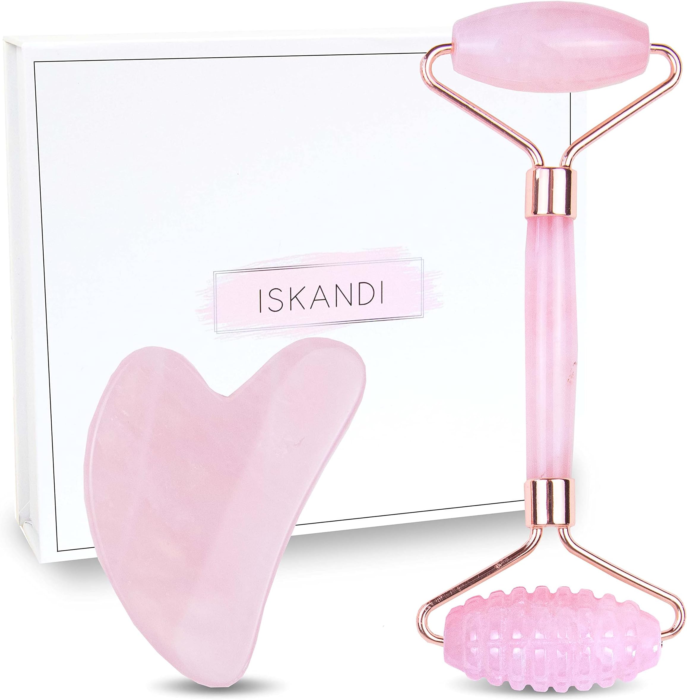 Gua Sha & Face Roller Skincare Tool - Rose Quartz Jade Roller Face Massager & Guasha Stone for Face, Eyes, Neck & Body - Crystal Facial Sculptor & Skin Scraper Massage Set - Beauty Products Gift Set
