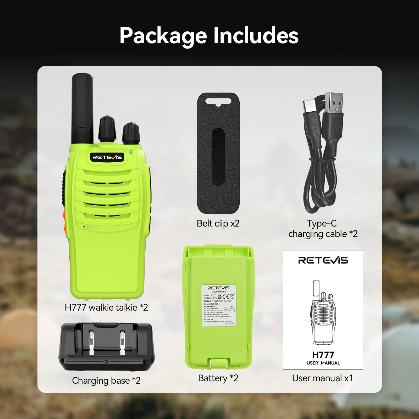 Retevis H777 Walkie Talkie Professionale con Batteria Ricaricabile, VOX, Type-C, Torcia, 1 Coppia