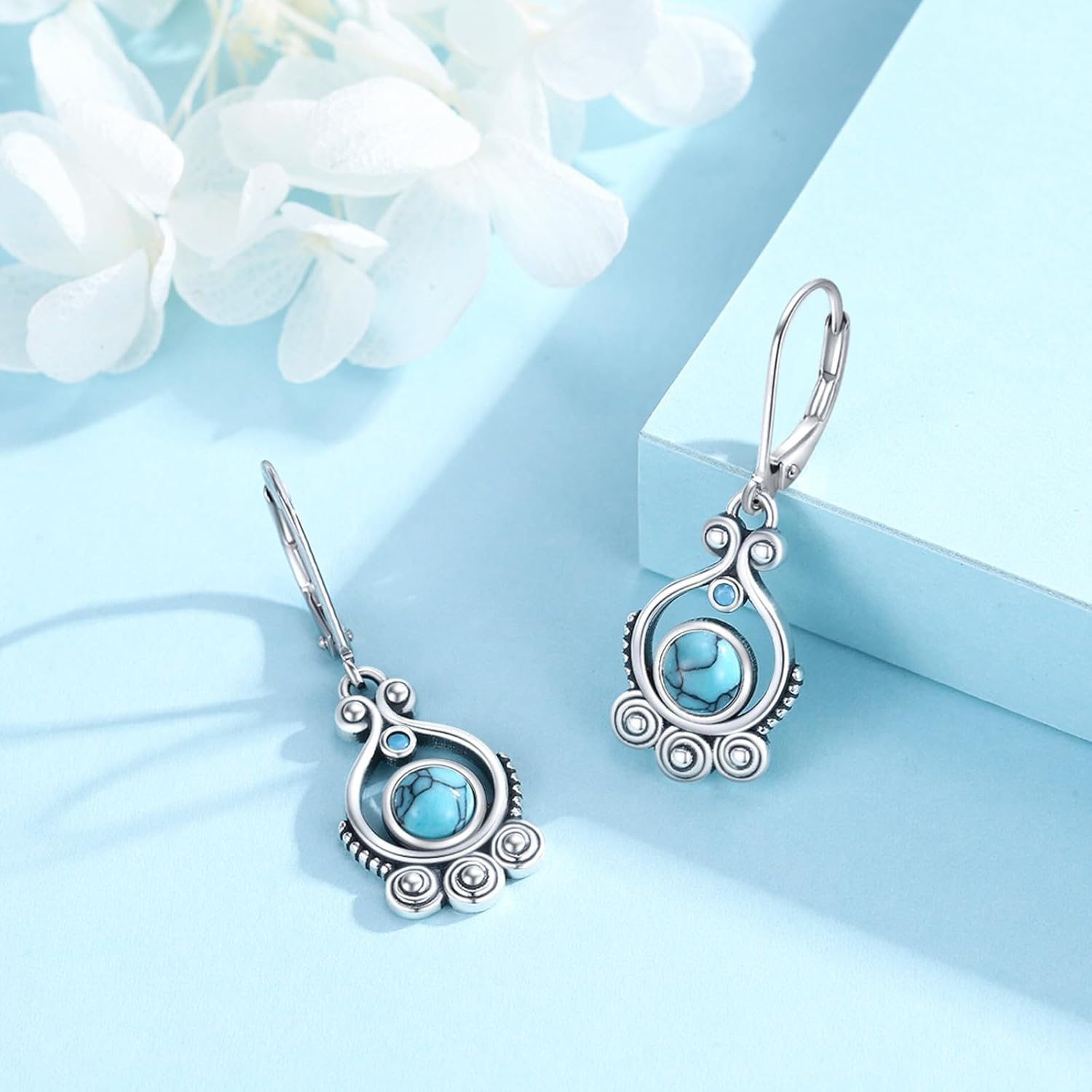 Turquoise Earrings for Women 925 Sterling Silver Boho Turquoise Drop Dangle Earrings Leverback Vintage Jewelry for Women - Image 2
