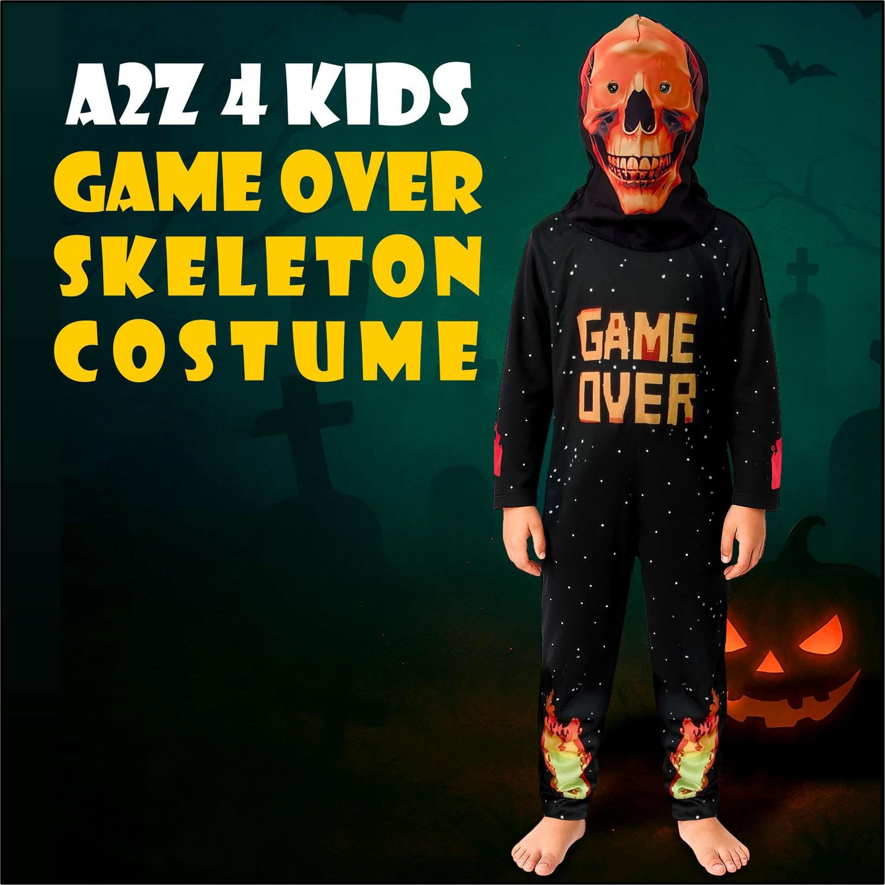 A2Z 4 Kids Kostium szkieletu dla chłopców i dziewcząt, kostium na Halloween, fantazyjna sukienka z czaszką, maska z kapturem, upiorny gracz, cosplay, kombinezon na imprezy typu cukierek albo psikus