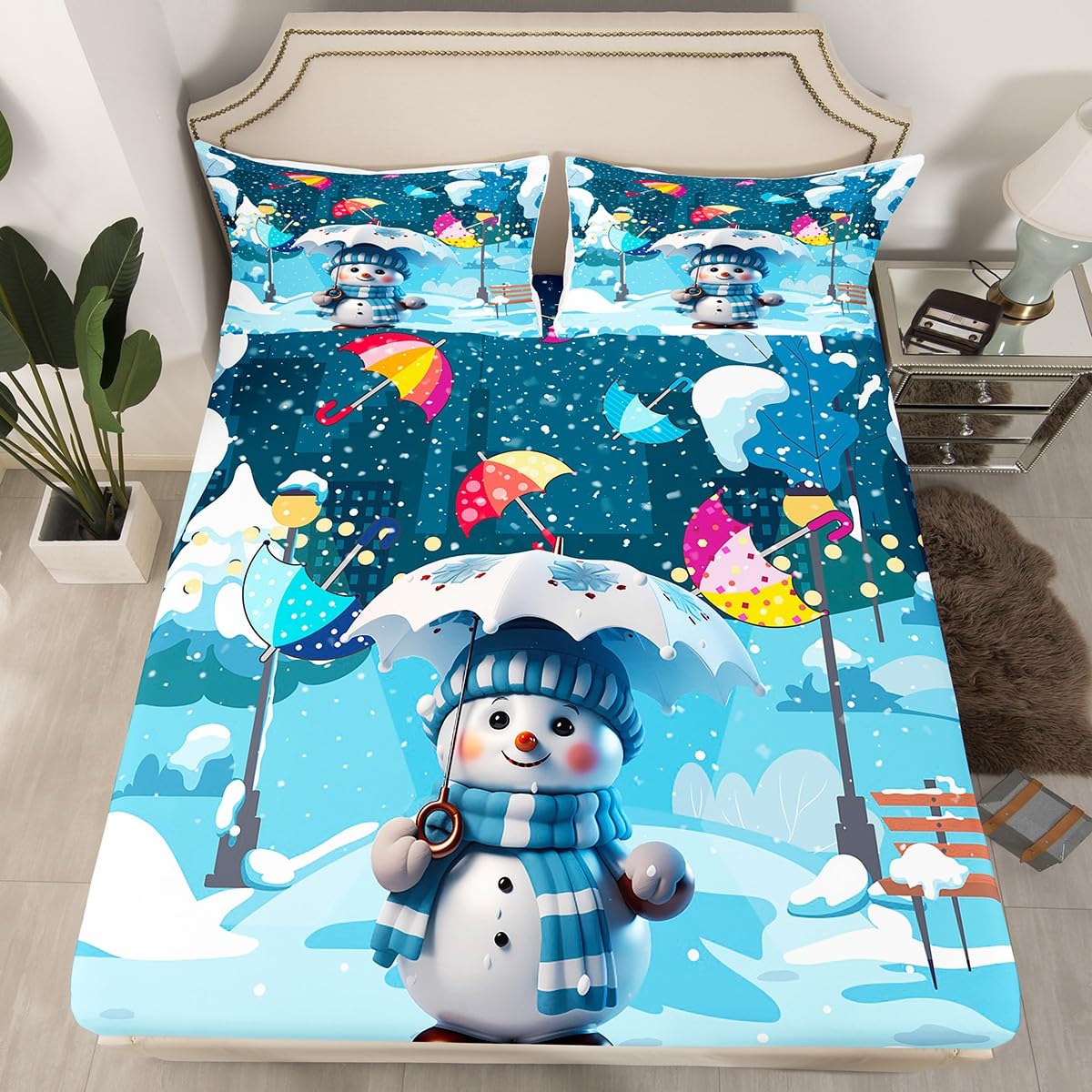 Cute Snowman Fitted Sheet King Size, Winte Snow Trees Umbrella Bed Cover with 2 Pillowcases, Christmas Theme Bedding Set 3pcs for Kids Boys Room Decor, Soft Polyester Bedding — image 1