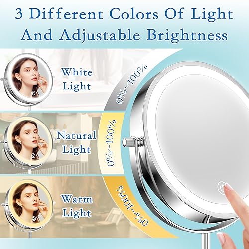 Miniatura 3 de Espejo de tocador con luces de 7 pulgadas, recargable 1x/10x, espejo de maquillaje iluminado, altura ajustable, espejo de doble cara con luces,