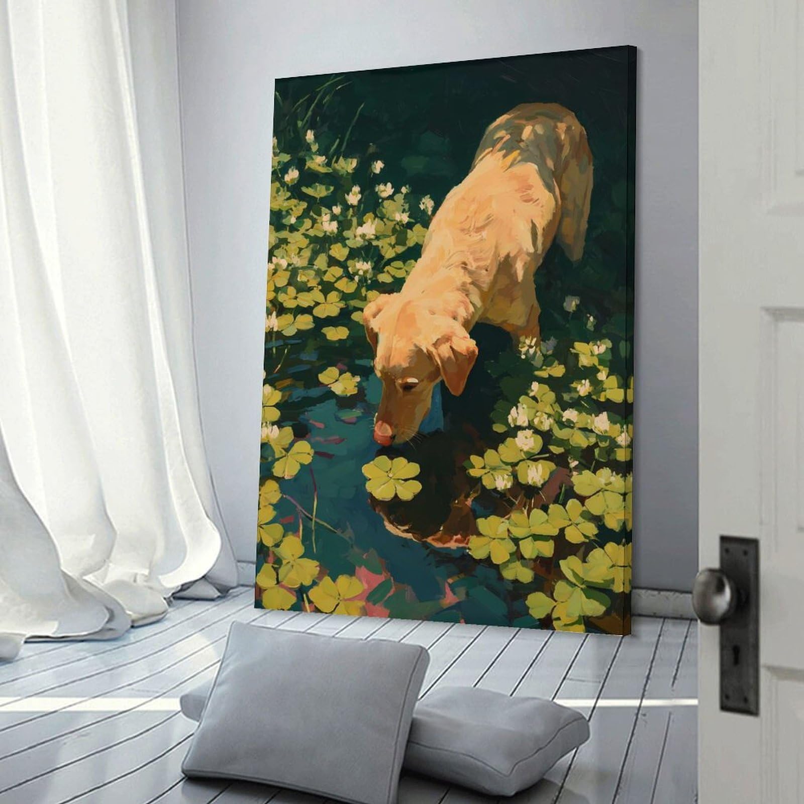 Junmoney Dog Drinking from A Pond with Clover Wall Picture Print 20x30inch(50x75cm), for Home Walls, Creative Rooms Or Shared Spaces, Stylish Home Artwork for Focal Walls