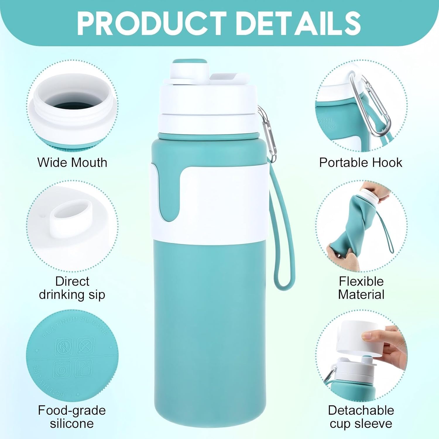 LemonRoad 4 Pcs 26 oz Silicone Collapsible Water Bottle, Portable Foldable Water Bottle Leakproof with Carabiner Reuseable Lightweight for Travel Sports Hiking Camping Cycling Office (Green)