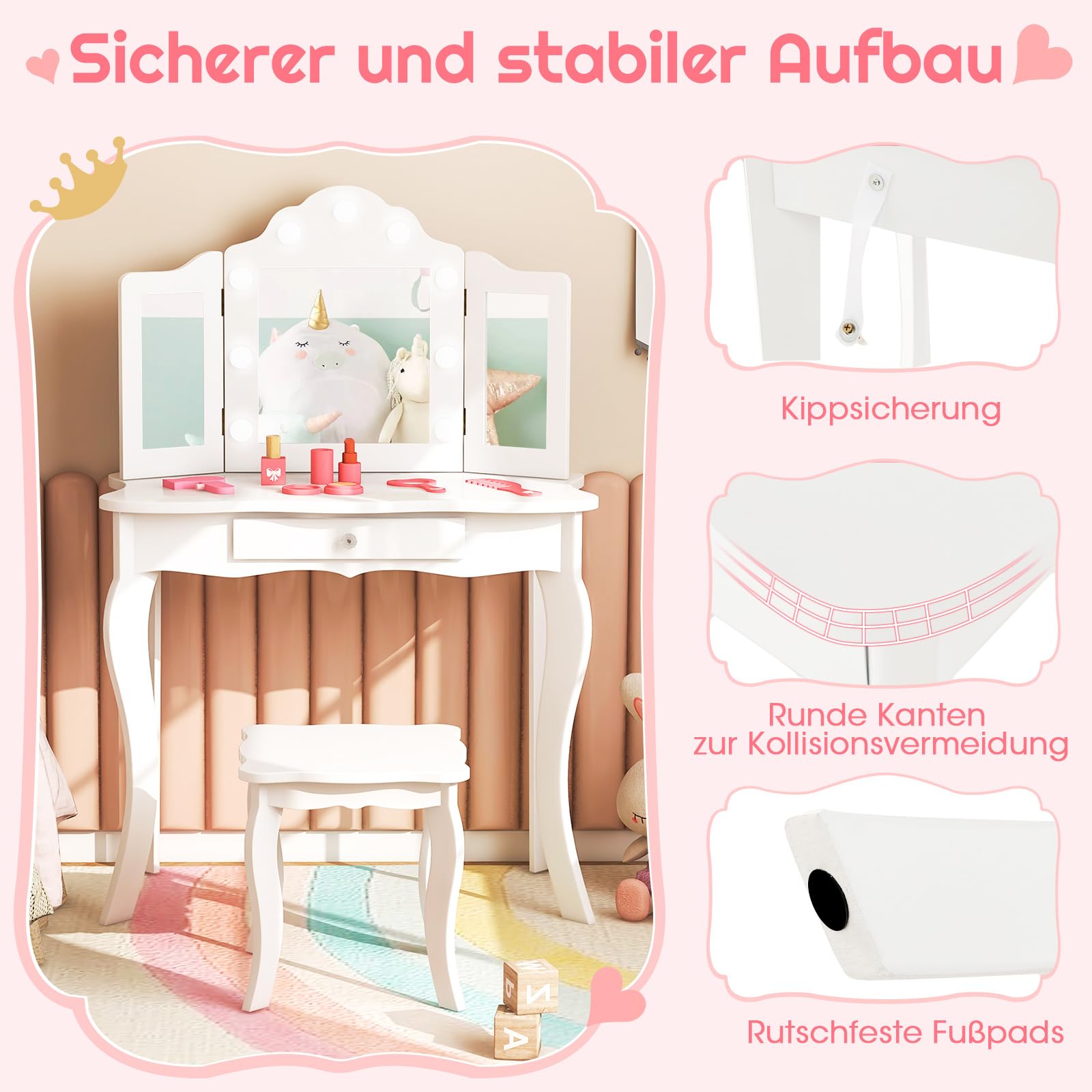 COSTWAY 2 in 1 Kinder Schminktisch mit Beleuchtung, Frisiertisch mit LED-Leuchten, klappbarem Spiegel & Schubladen, Kosmetiktisch Prinzessin für Kinder Mädchen(Weiß)