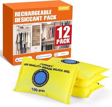FURWEY 100g 12 Packs Rechargeable Desiccant Packs for Storage, Color Indicating Silica Gel Desiccant Packets, Moisture absorbers for storage,Dehumidifier bag for Closets,Cars,Storage Bins