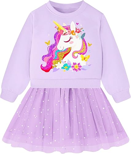 Toddler Long Sleeve Dress Pretty Purple Sequin Mesh Skirt Girls Unicorn Tutu Tulle Dresses Kids Fall Winter Outfit Sweatshirt Dress Size 2t 3t