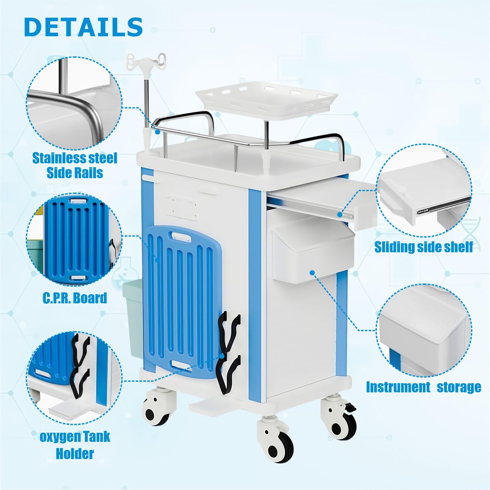Carrello di emergenza con accessori IV Pole, scheda cardiaca, supporto O2, carrello mobile, bidone della spazzatura, cassetto per clinica, centro infermieristico, 76,2 cm L x 48,3 cm L x 96,5 cm H