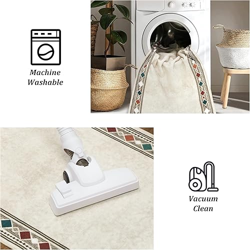 Miniatura 6 de Alfombra de pasillo de 2 x 6 pies, lavable, con borde geométrico, antideslizante, resistente a las manchas, moderna alfombra de cocina, entrada,