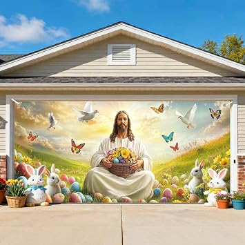 16X7ft Easter He is Risen Garage Door Cover Decorations, Spring Christian Jesus Cute Rabbit Colorful Eggs Flowers Garage Door Background, Spring Holiday Party Outdoor Indoor Yard Decor Supplies