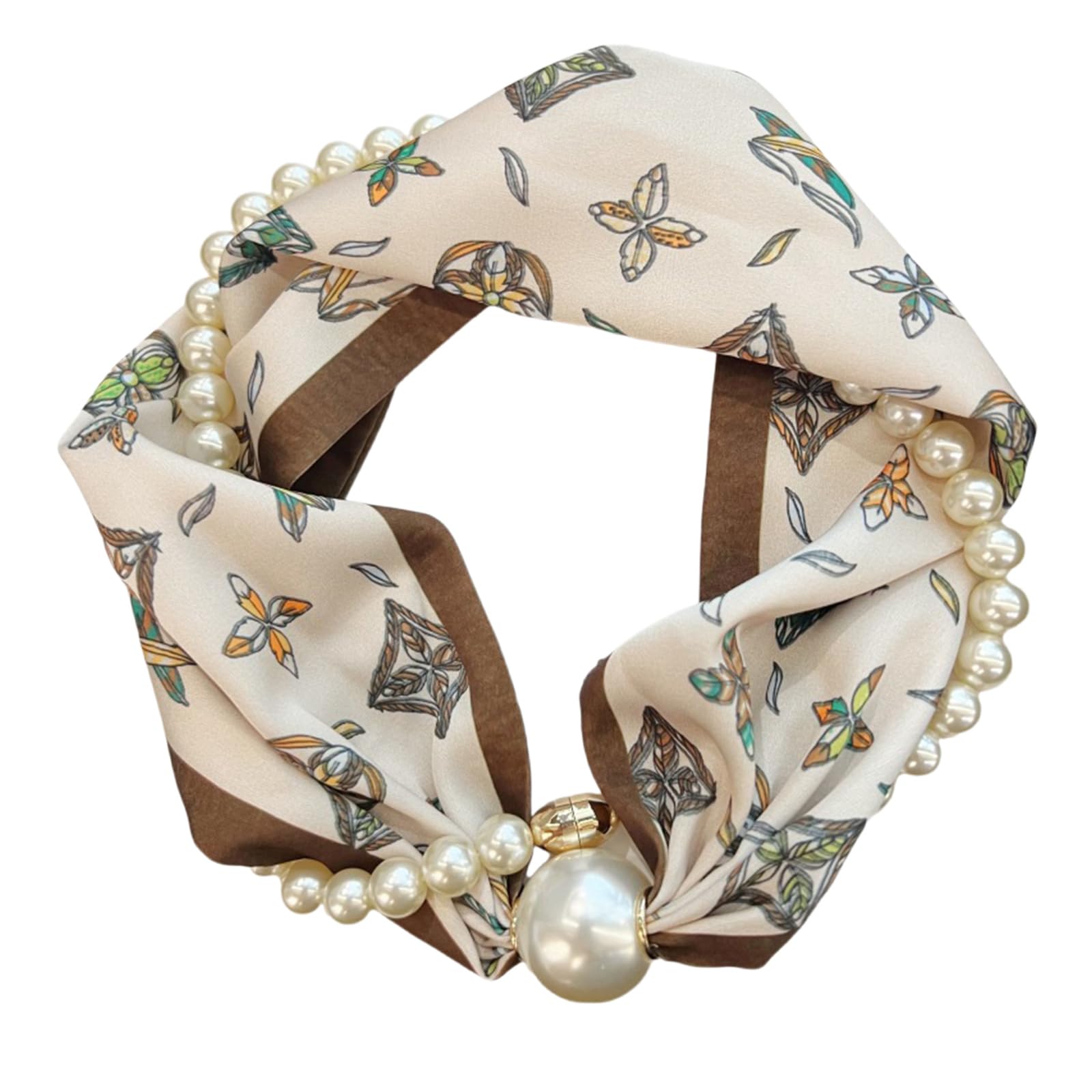 Alloneslife Unisex A Shown Magnetic Clasp Pearls Chain Necklace Floral Satins Scarf Elegant Silk Skinny Narrow Neckerchief For Fashionable Women(A Shown)