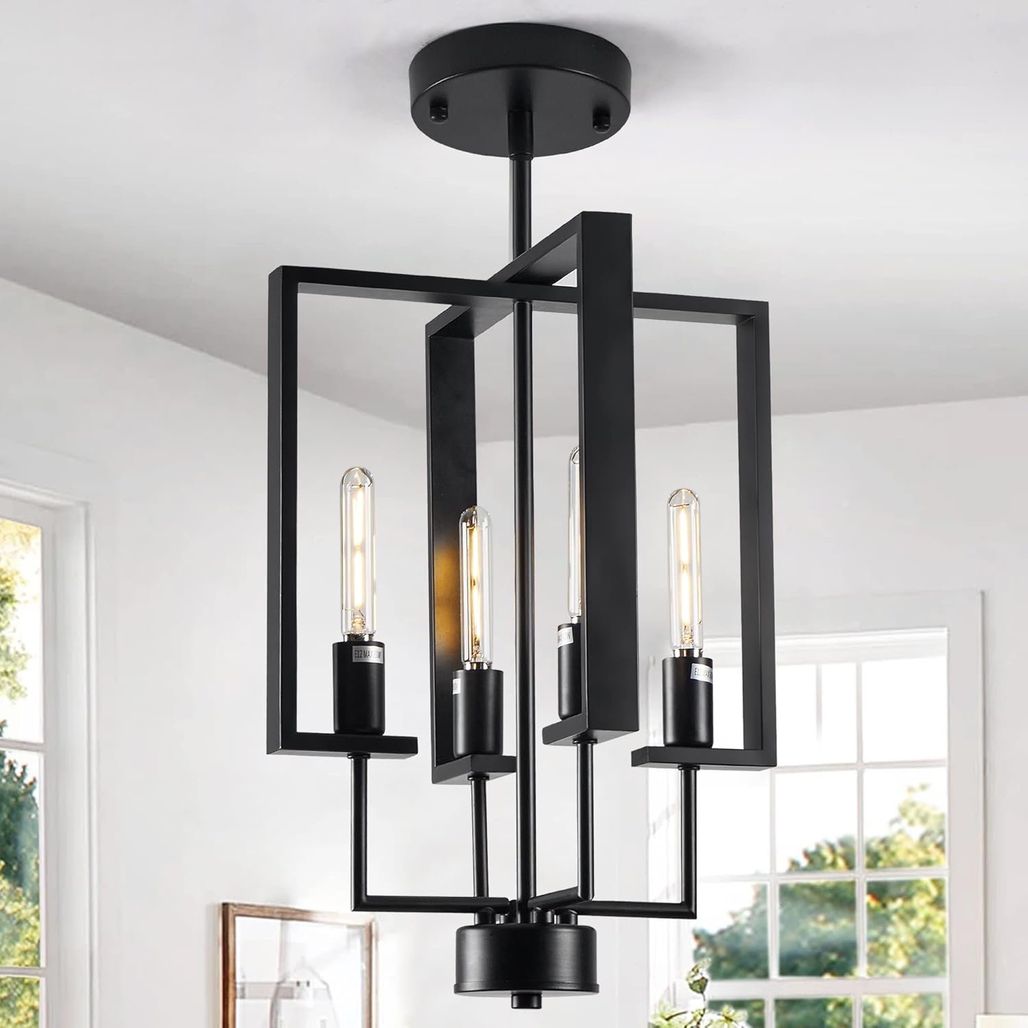 Black Chandelier Light, 4-Light Lantern Foyer Pendant Lighting with Metal Cage, Industrial Ceiling Pendant Lights for Kitchen Island Dining Room Entryway