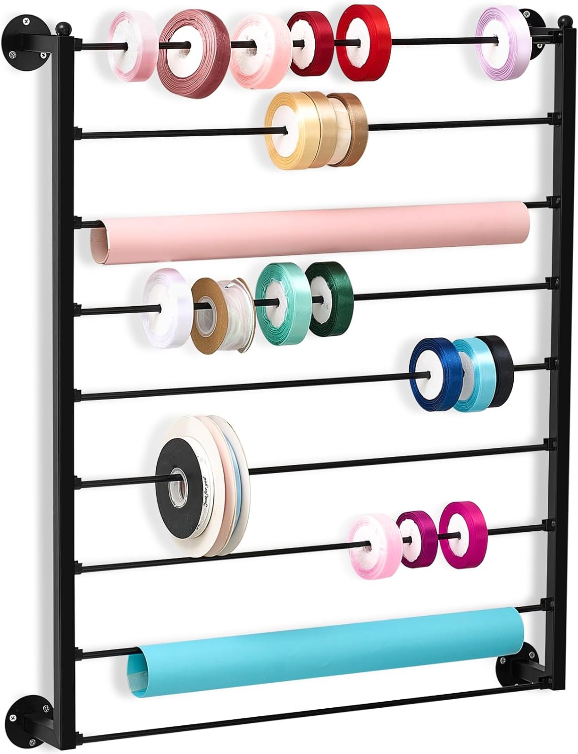 menkxi 9 tier wall mounted ribbon organizer metal wrapping paper organizer storage ribbon rack holder for sewing craft mesh thread tape wreath crochet craft room flower shop fourth of july day gift