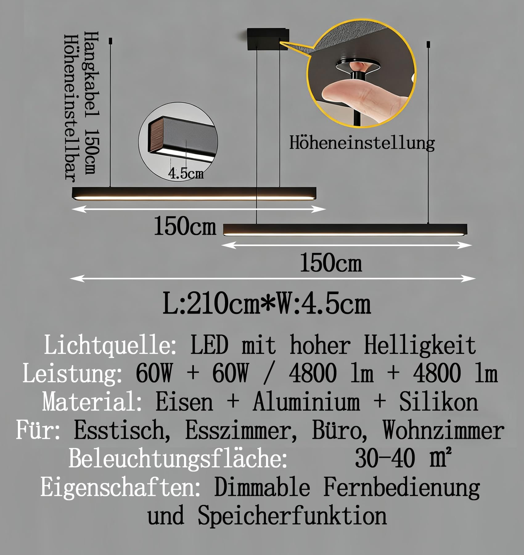 300cm Dimmbare LED Hängelampe esstisch,Schwarz Pendelleuchte mit Fernbedienung,120w Moderne Linear design Hängeleuchte,Esstischlampe hängend Höhenverstellbar Pendellampe,Esszimmerlampe,Bürolampe