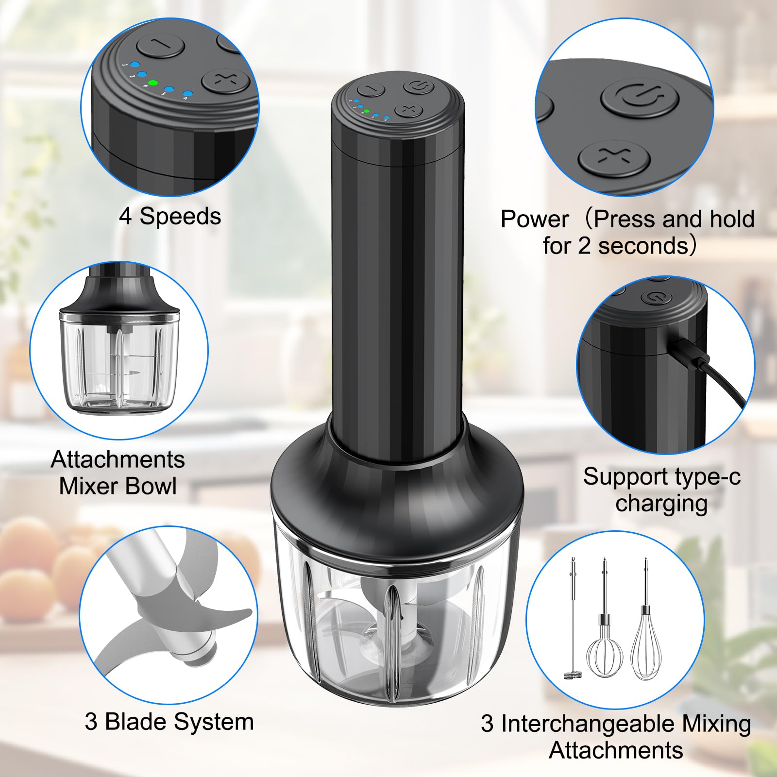 Electric Hand Mixer with MixgoII, Handheld Mixer Electric Whisk, Rechargeable Cordless Handheld Mixer & Milk Frother, Small Food Chopper for Dicing, Mincing, and Puree, 4-Speed, 10Oz