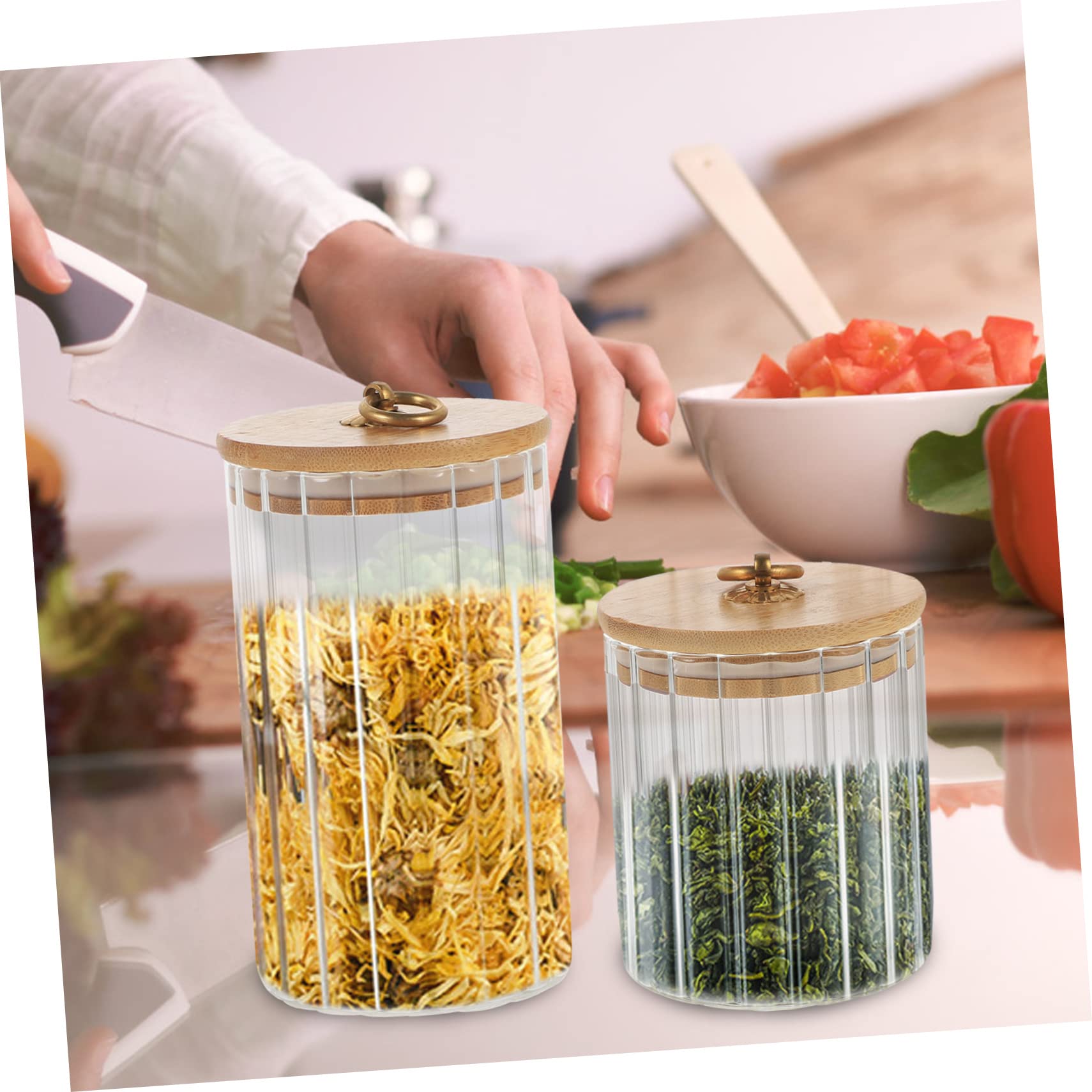 IMIKEYA Set 3 Pezzi Capacità 550ml 850ml 1150ml Barattoli da Cucina con Coperchio in Bambù Pratici e Sigillati Contenitori con Coperchio per Alimenti in Vetro Ermetici per Conservazione