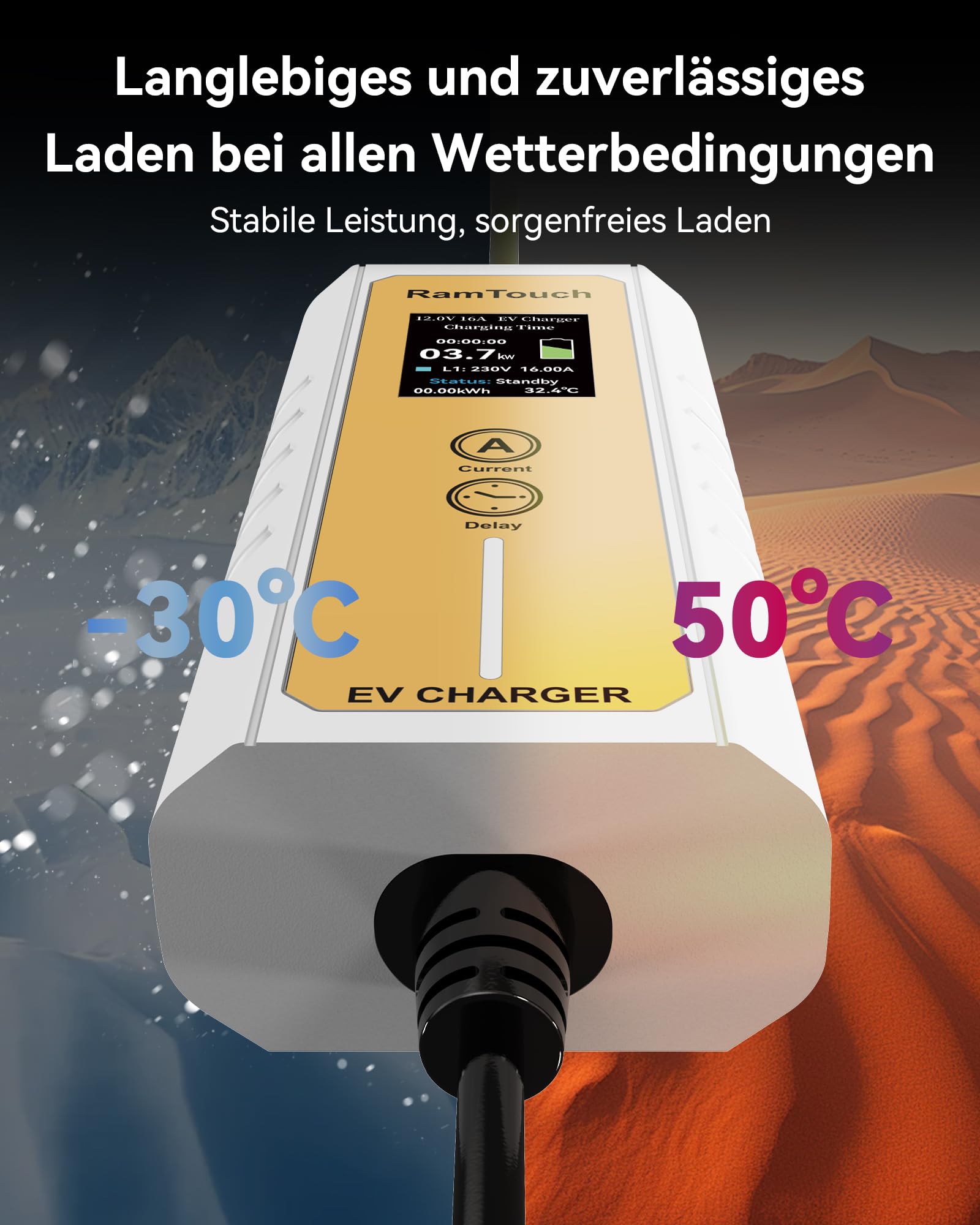 Elektrisches Kfz-Ladegerät (3,7 kW, 10,5 m, Typ 2, CEE P17 16 A) – Ladekabel mit Einstellbarer Ampere 6A-16A, verzögerte und programmierte Ladung, Mobile Ladestation für EV und PHV