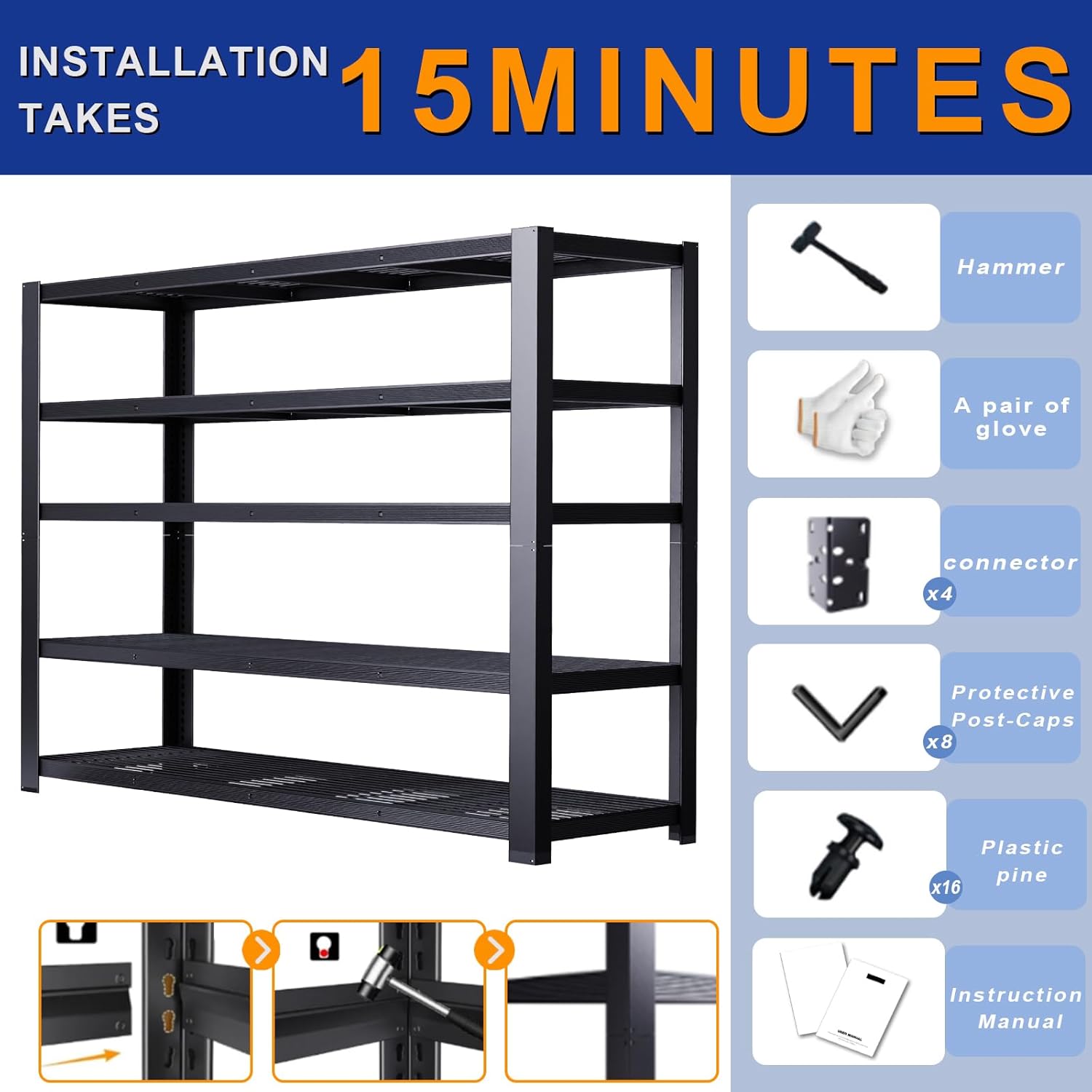 Heavy Duty Storage Shelves 24" D x 55" W x 84" H, 3050 lbs Metal Shelving Rack, Garage Storage Shelf, Estantes de Almacenamiento, Black Basement Shelving Unit, Adjustable Garage Rack - Image 6